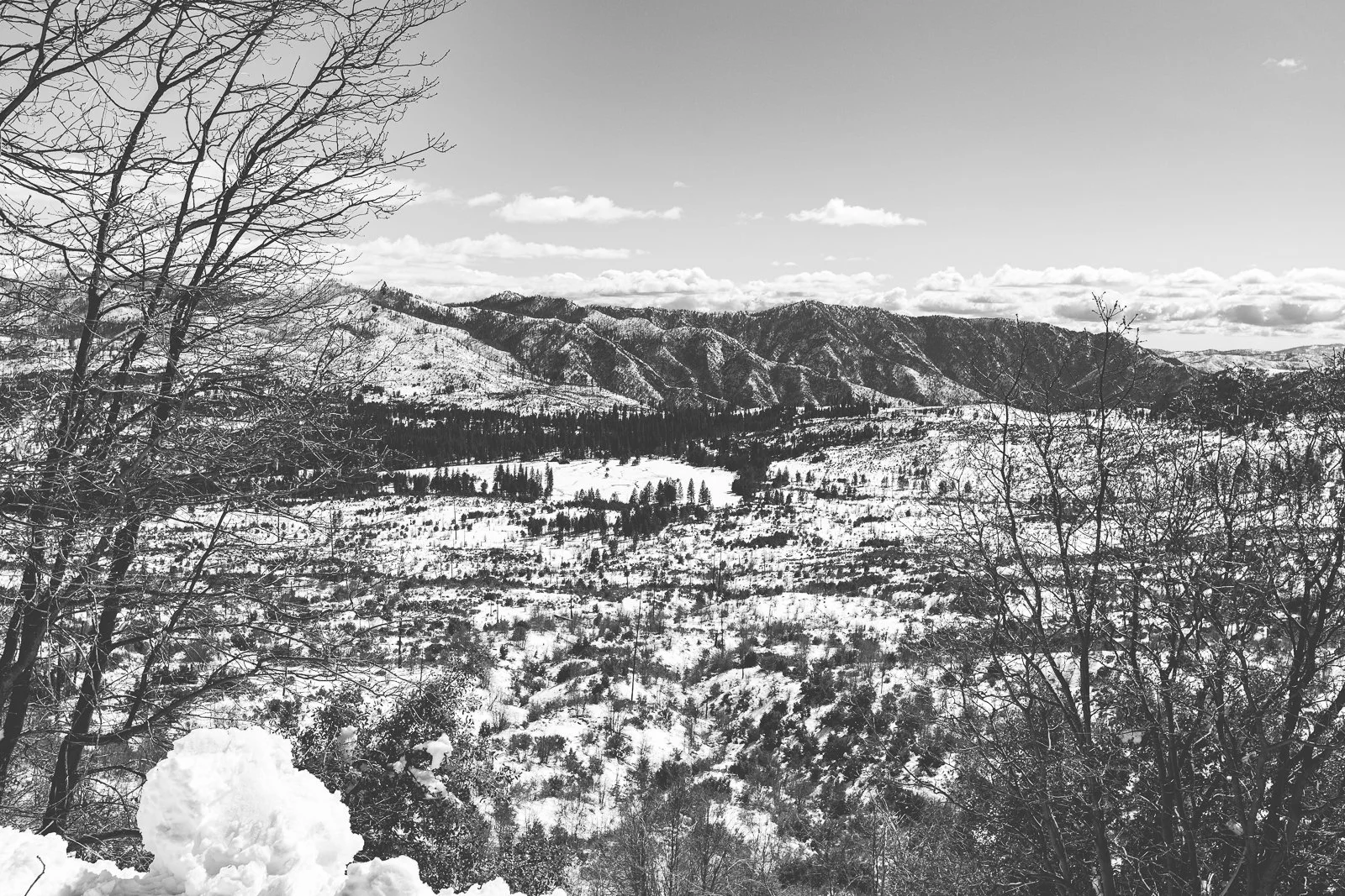 Paysage montagneux enneigé avec arbres dénudés en premier plan et nuages dans le ciel.
