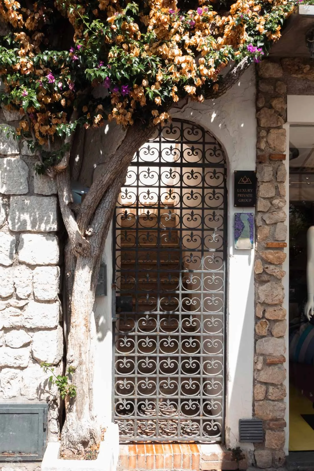 Une porte en fer forgé avec un cadre en pierre, entourée d'un mur en pierre et d'un arbre avec des fleurs violettes et marron, un panneau indiquant un groupe privé de luxe, et une petite peinture à l'extérieur.