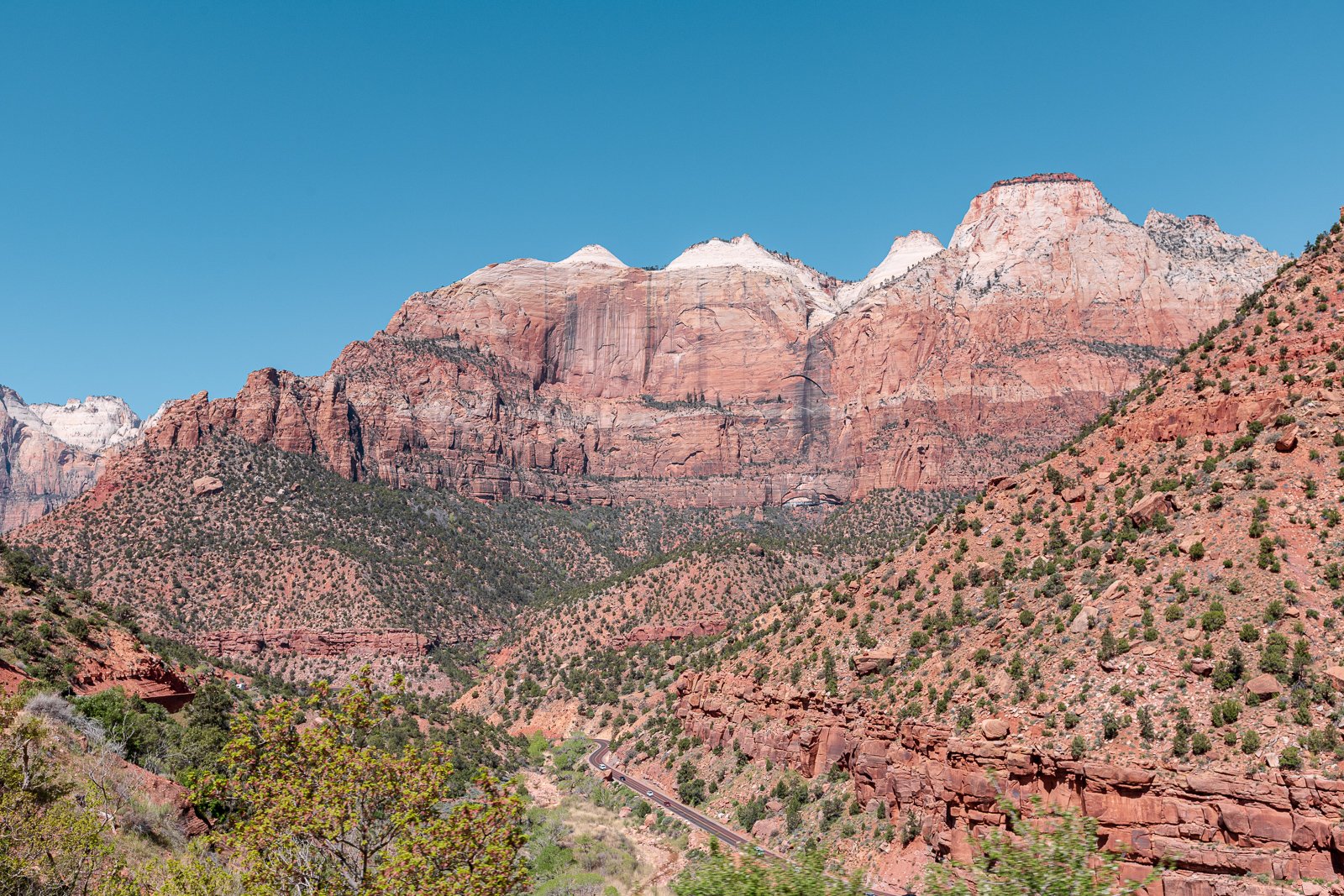 Canyon avec des montagnes de roche rouge et végétation sparse sous un ciel bleu clair.