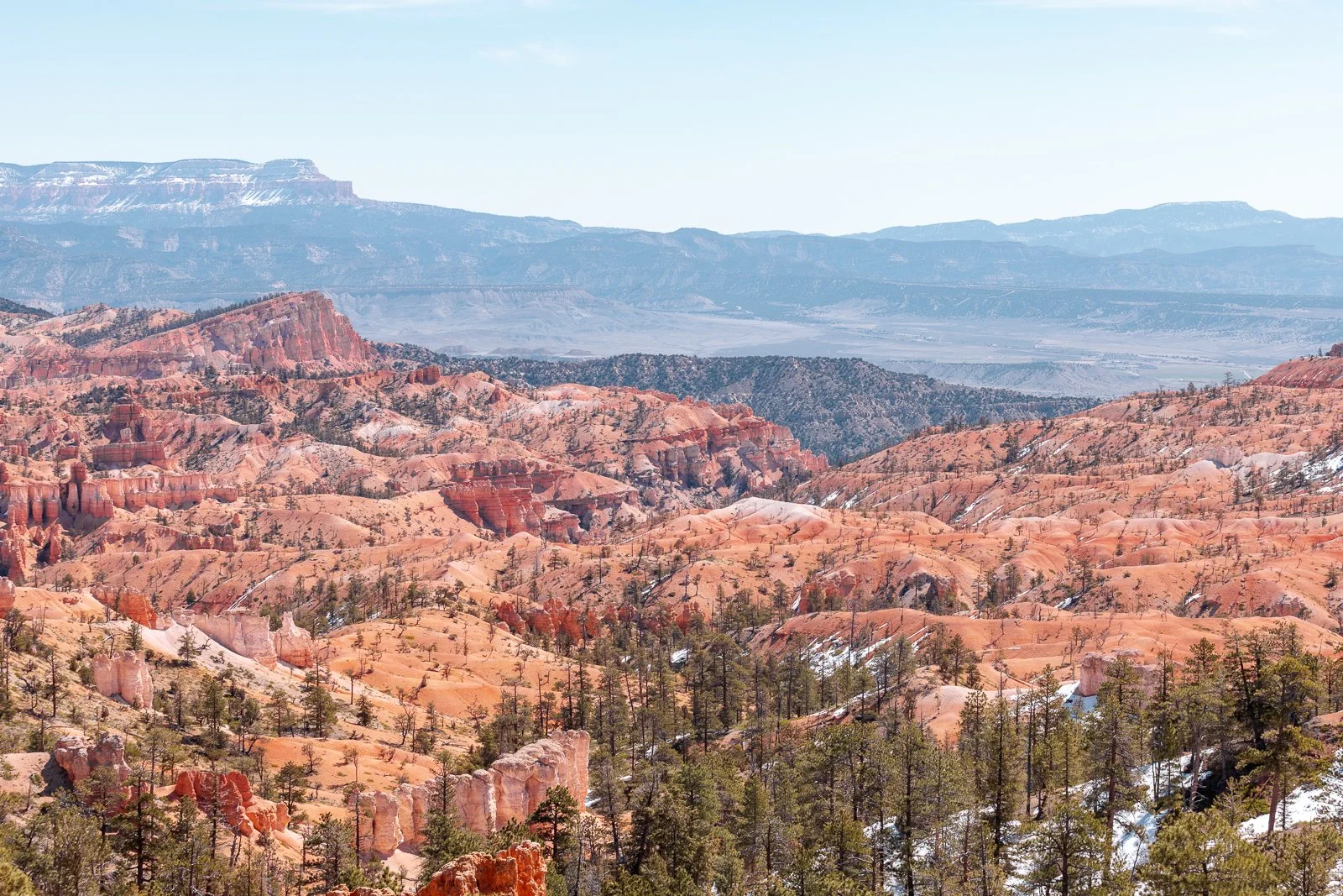 Paysage de montagnes rocheuses rouges avec des arbres verts et un ciel clair.