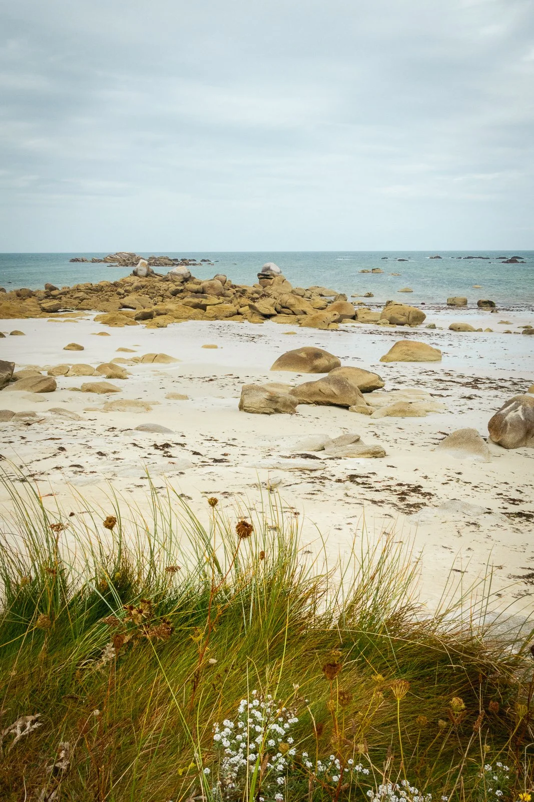 Plage avec des rochers, du sable blanc, des eaux calmes, et des herbes en avant-plan. Ciel nuageux.