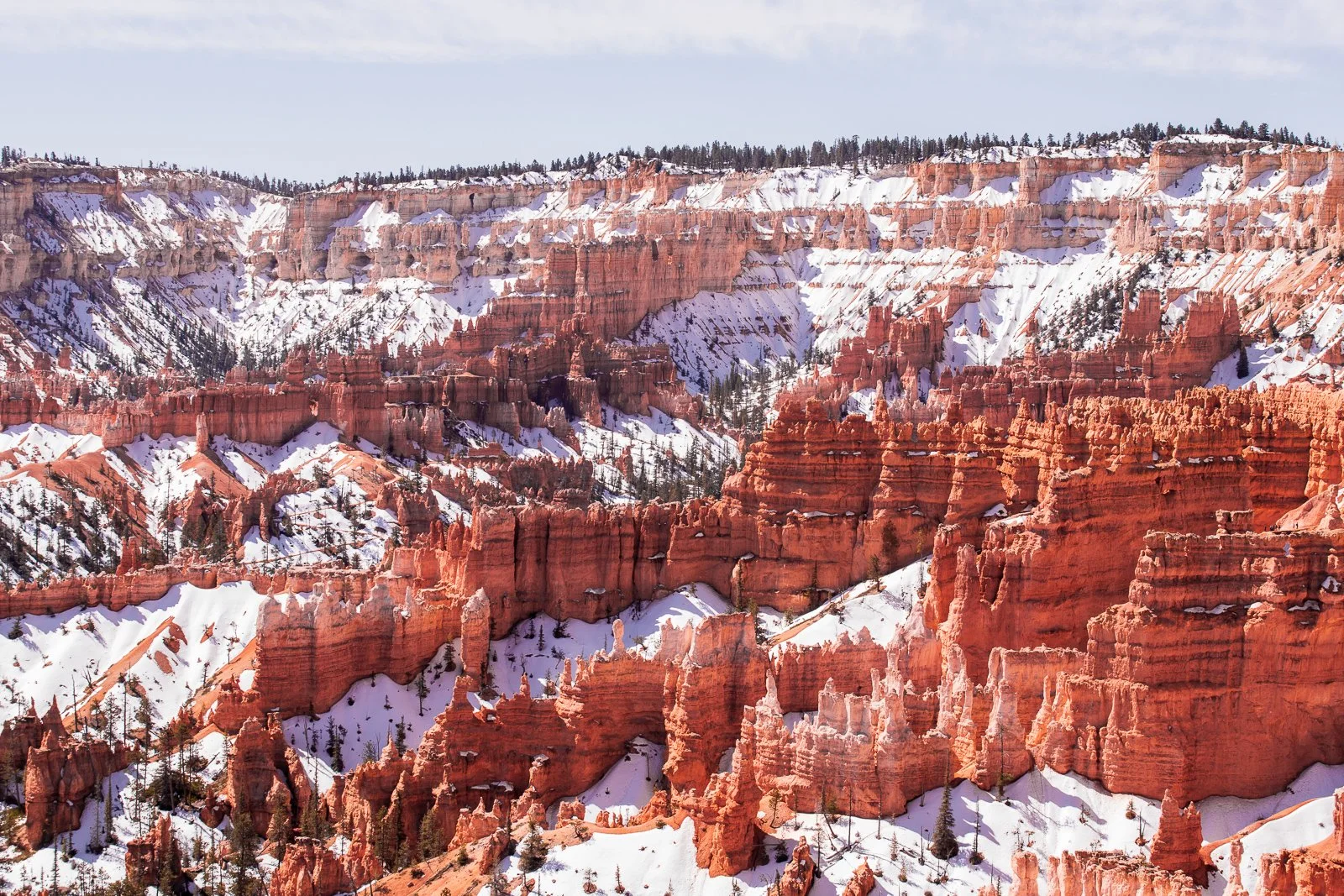 Canyon de Bryce en hiver avec formations rocheuses rouges et neige.