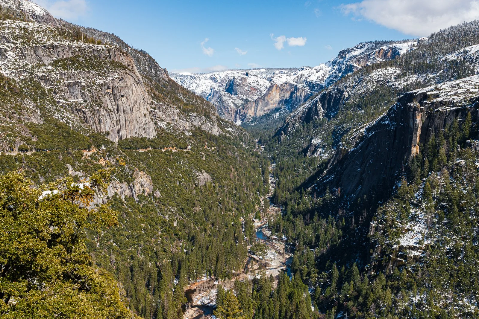 Vue d'une vallée montagneuse avec des falaises, des forêts de conifères et des montagnes enneigées au loin.