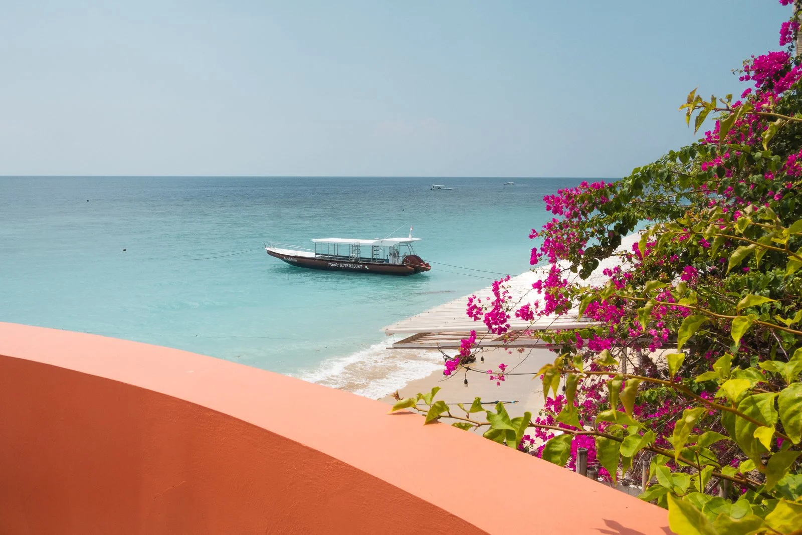 Vue de la mer avec un bateau amarré, des fleurs roses en premier plan et une plage sableuse