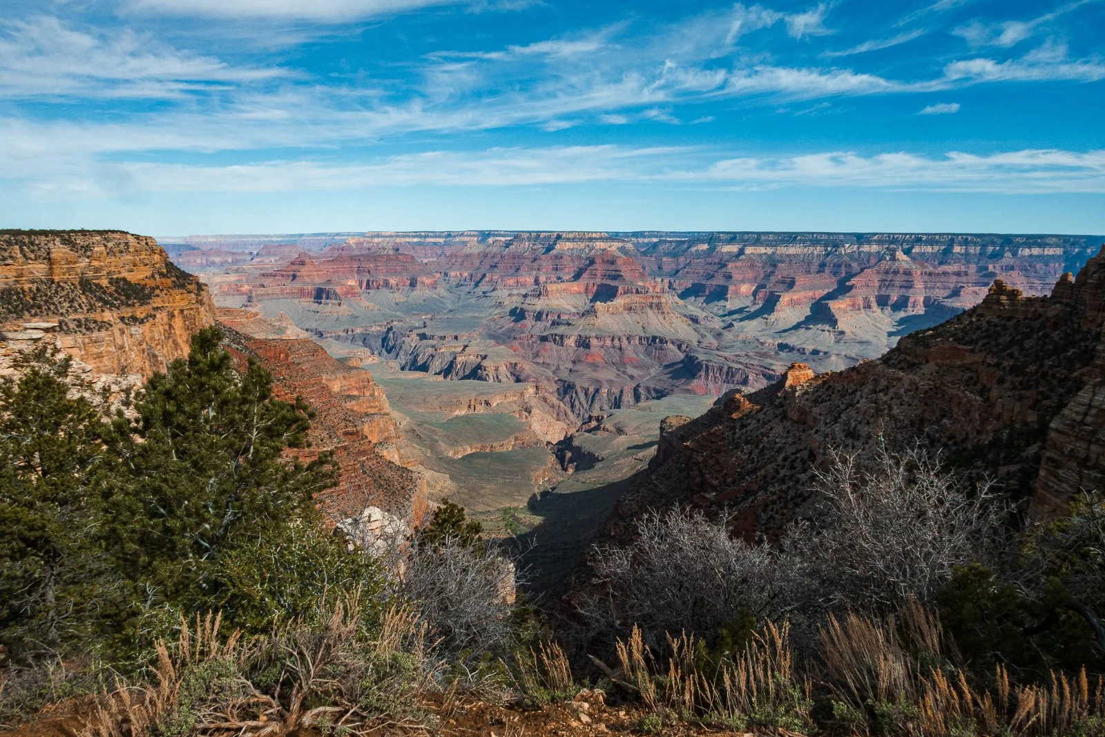 Paysage du Grand Canyon avec des falaises rocheuses, des végétaux et un ciel nuageux.