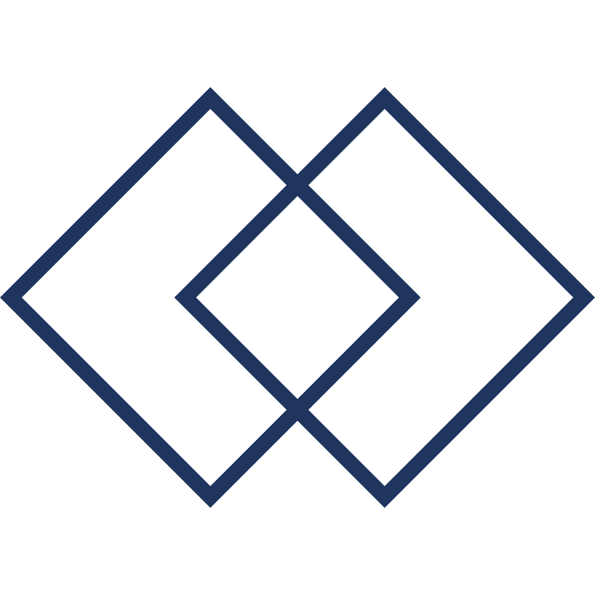 A geometric design consisting of three overlapping diamonds outlined in dark blue with transparent centers.
