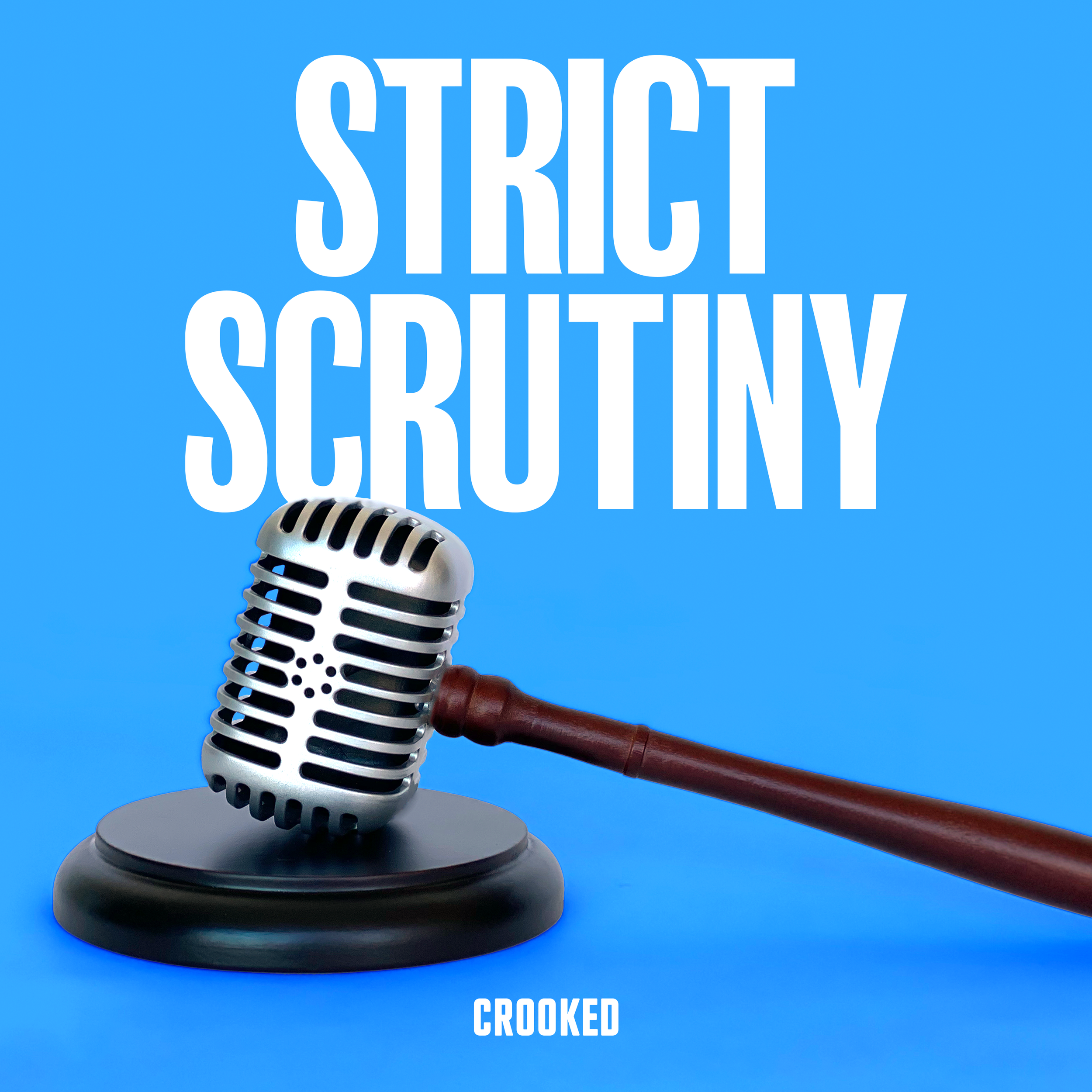 A vintage microphone on a stand against a blue background with the words 'Short' and 'Story' in large white letters and 'Crooked' in smaller white letters below, with a gavel partially visible at the bottom.