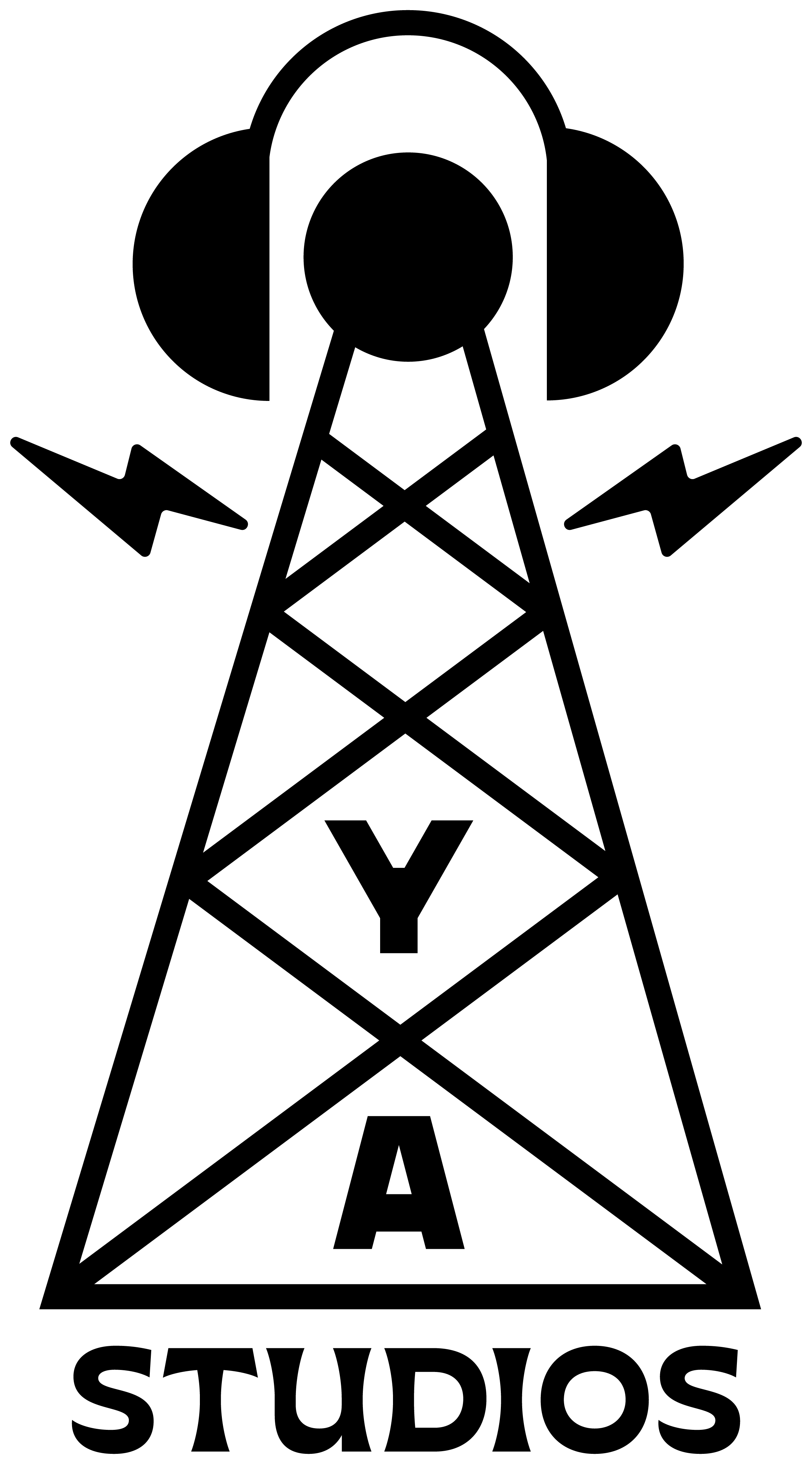 Black and white outline of a radio tower with headphones