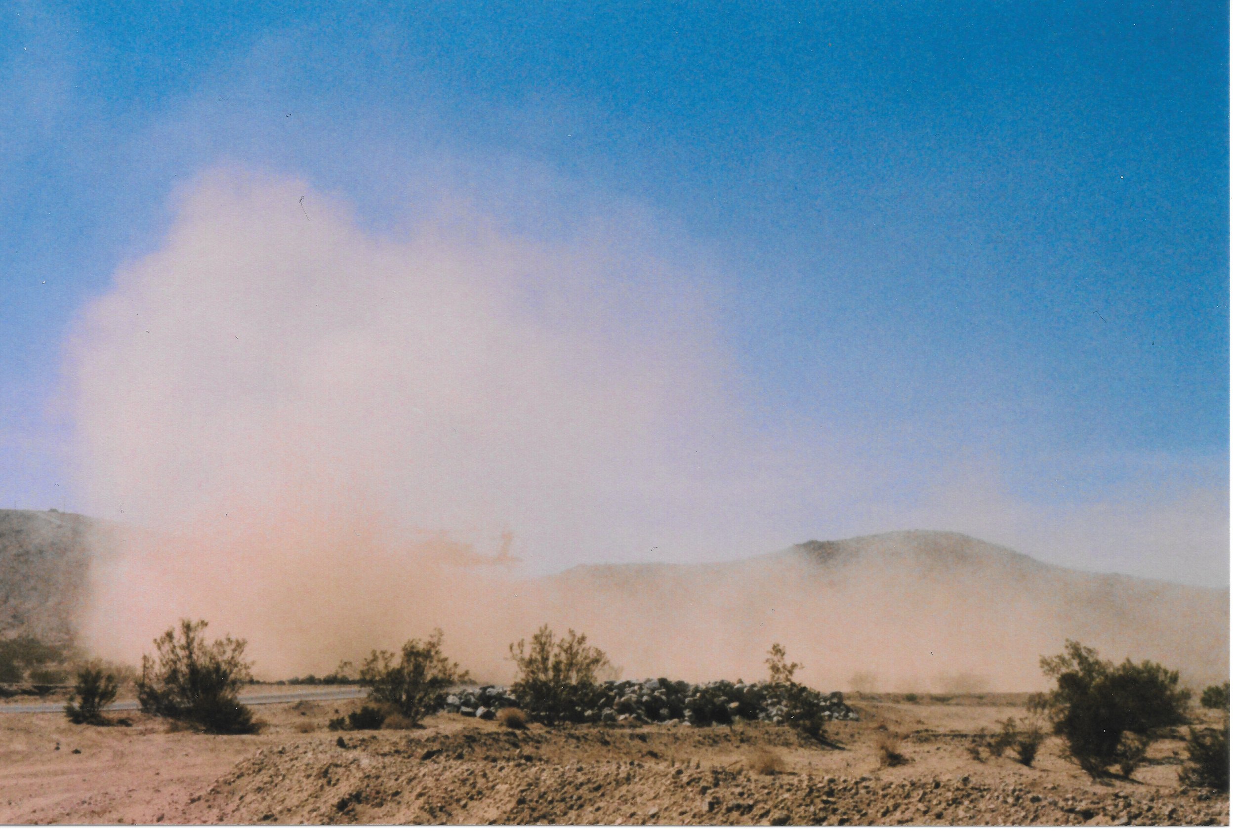 A vast desert landscape with sparse vegetation, cloudy sky, and distant mountains.