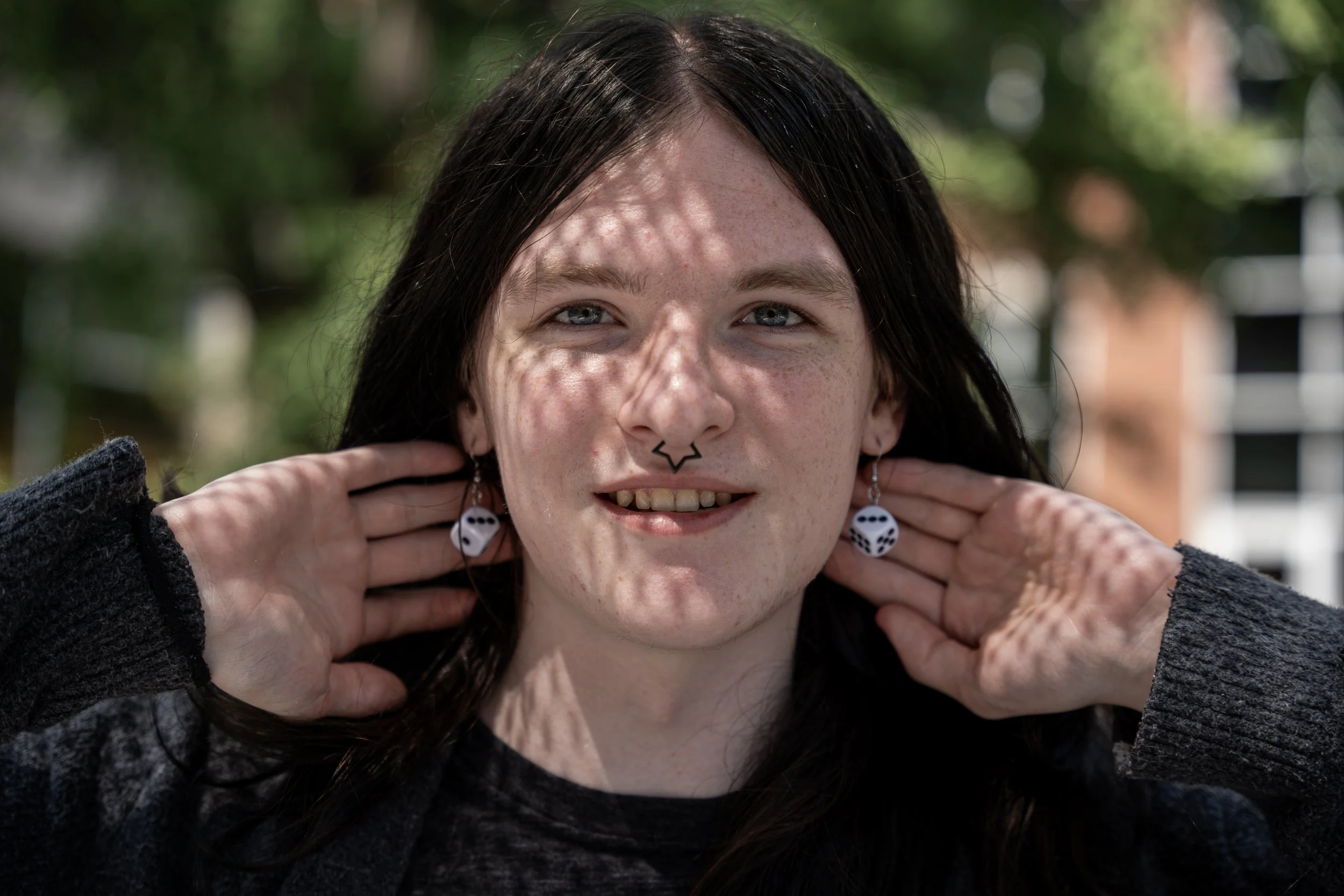 Ball State University first-year anthropology major Asriel poses outside Ball State’s Art and Journalism building Aug. 26 in Muncie, Ind. 
