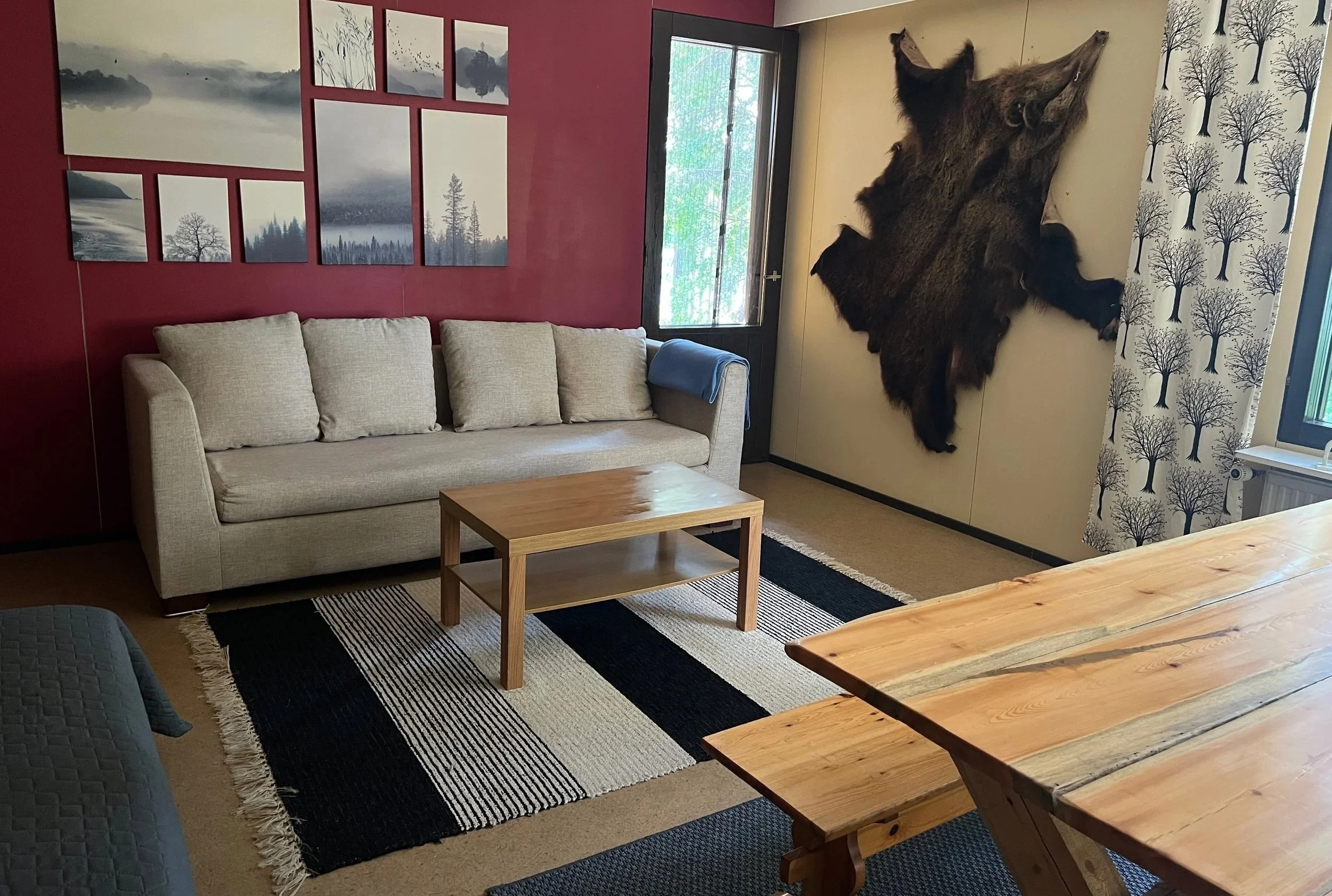 Living room with beige sofa, black and white striped rug, wooden coffee table, wall art, a large animal hide hanging on the wall, a window with a view of outdoor greenery, and patterned curtains featuring leafless trees.