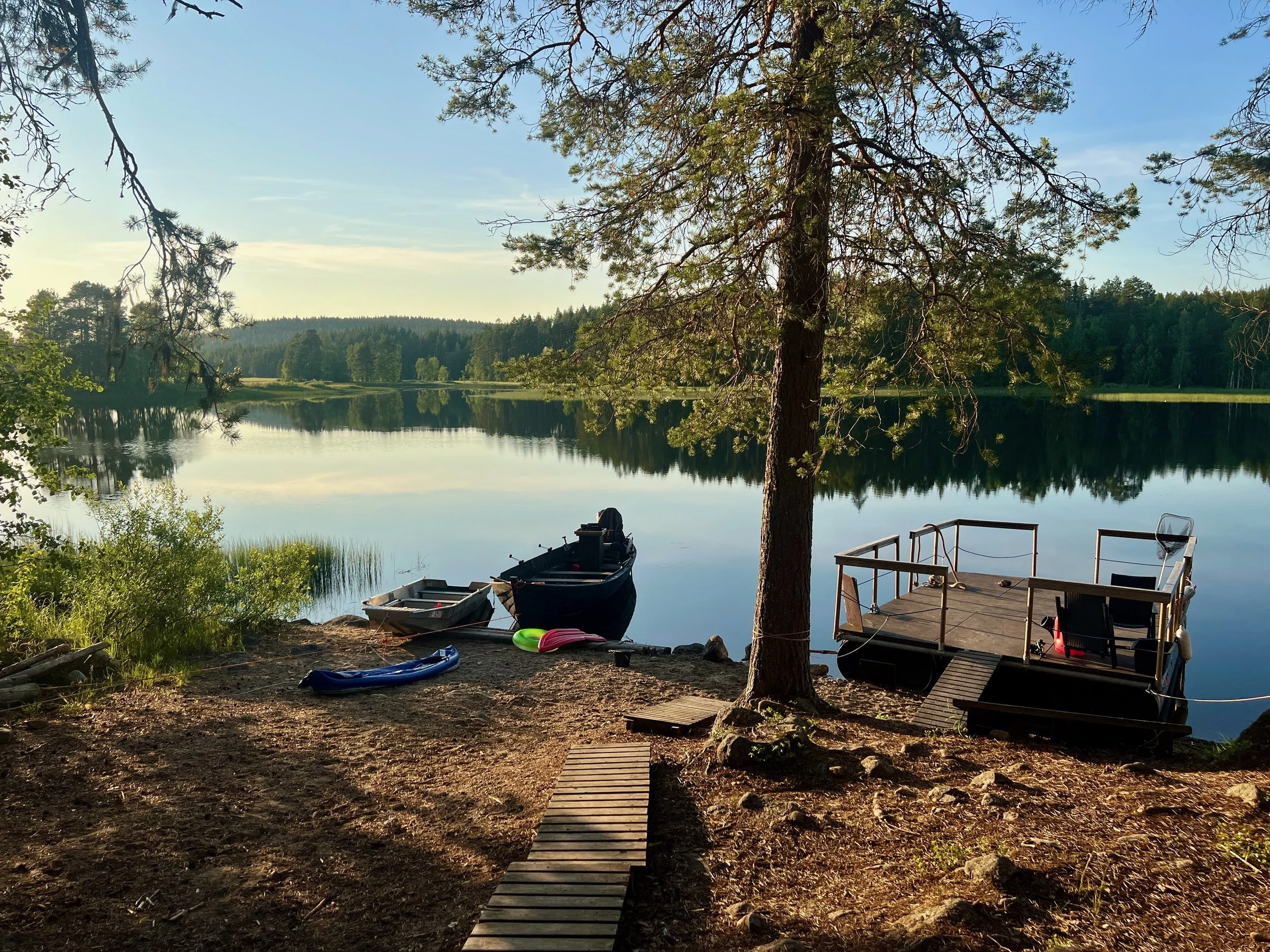 A lakeside scene with a large tree in the foreground, boats docked at the shore, and a serene lake reflecting the sky and surrounding trees.