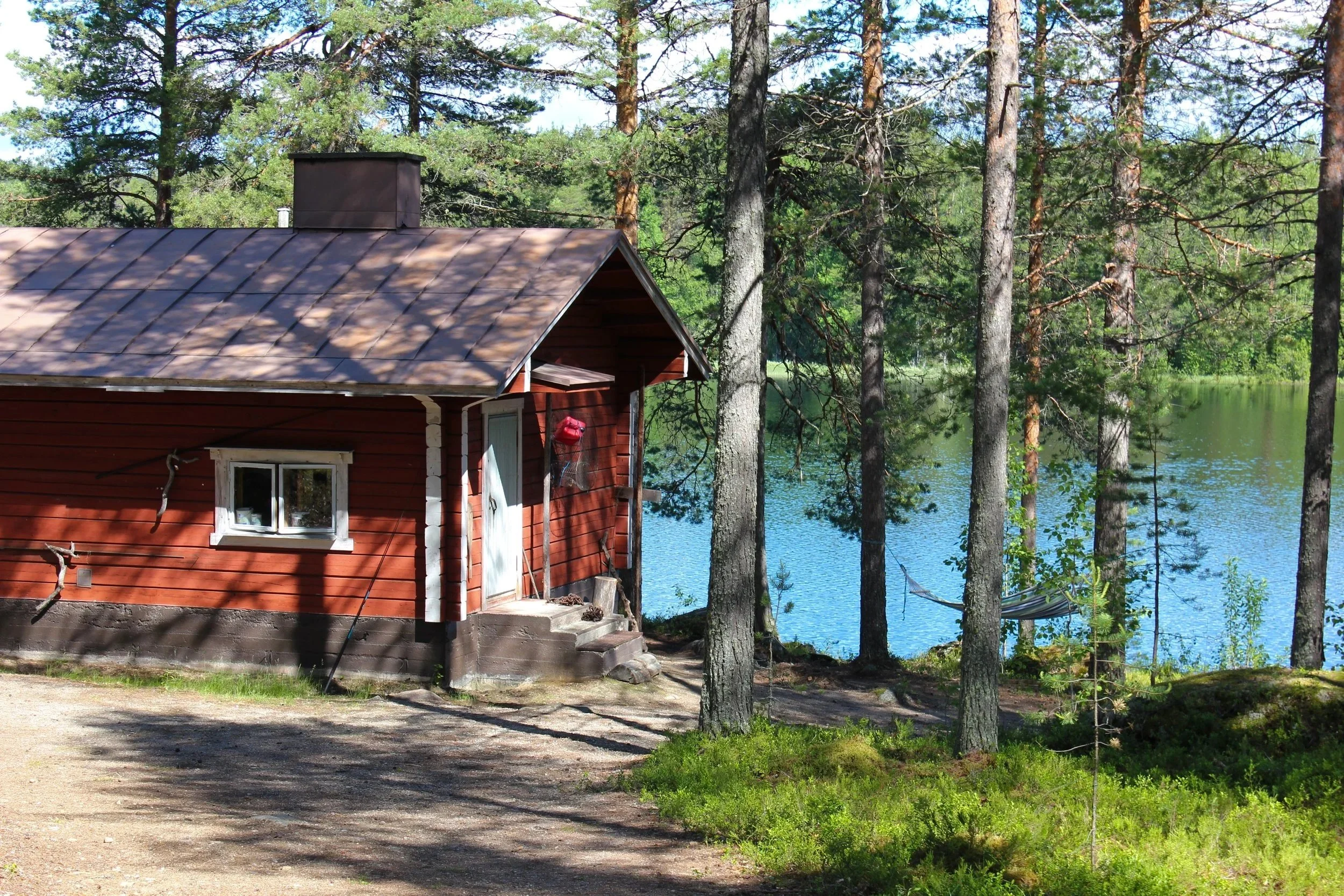 A red cabin with a metal roof situated near a river, surrounded by tall trees and greenery, with a hammock hanging between trees and shadows cast on the cabin.