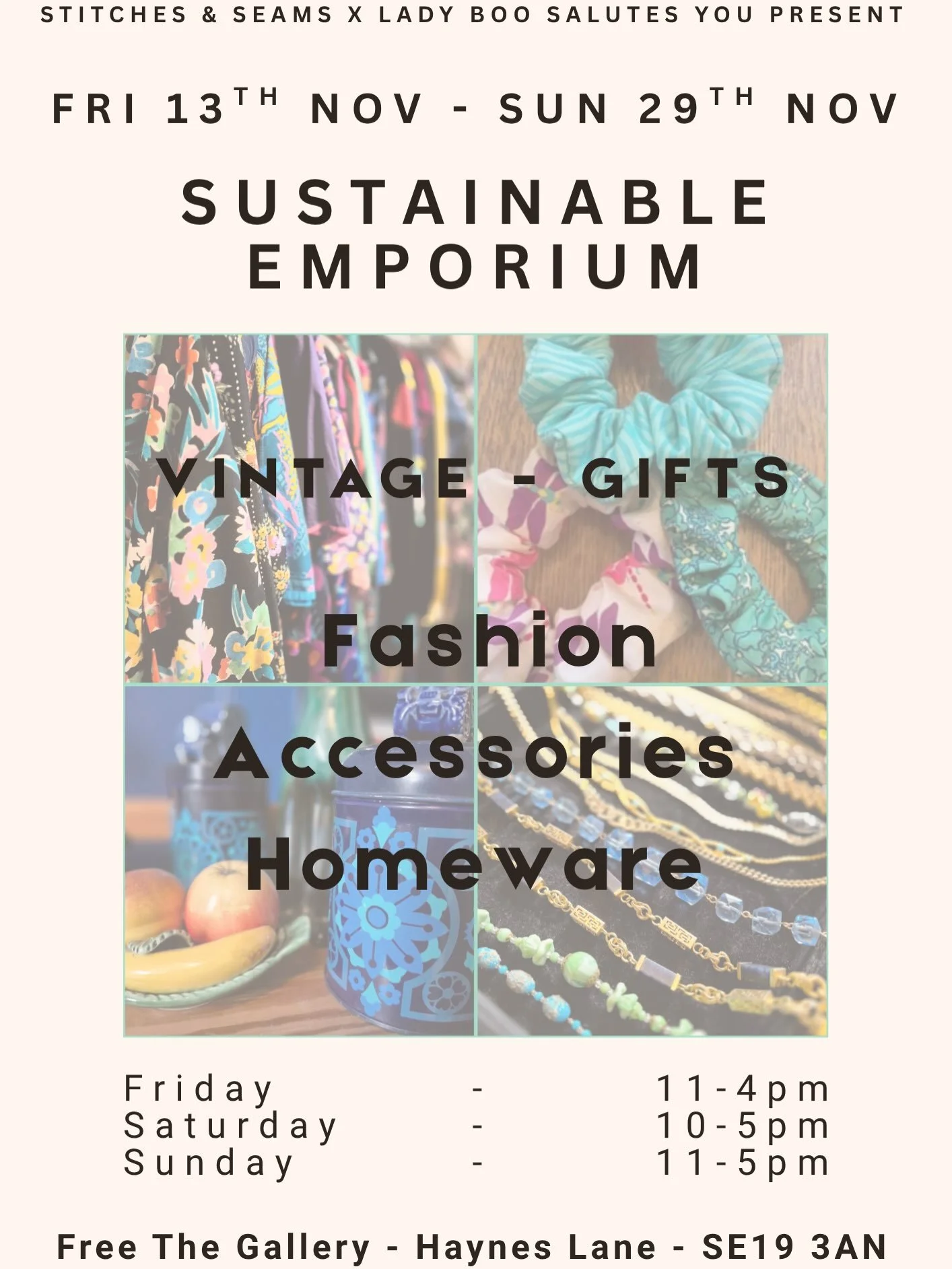 So, what you doing in November? Add this to your list; @ladyboosalutesyou and @stitchesandseamscp are hosting their first ever joint Sustainable Emporium at @freethegallery in Haynes Lane for three weekends in November. 

As well as wonderful vintage