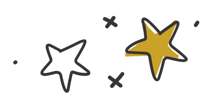 Black and gold star illustrations with black dots and crosses on a white background.