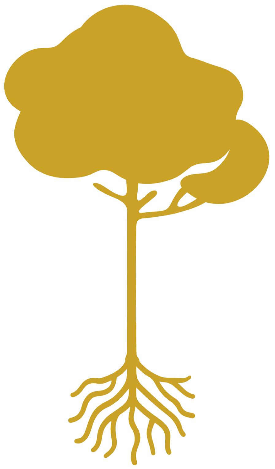 A stylized, gold-colored tree with a thick leafy canopy, a slim trunk, and an extensive root system.
