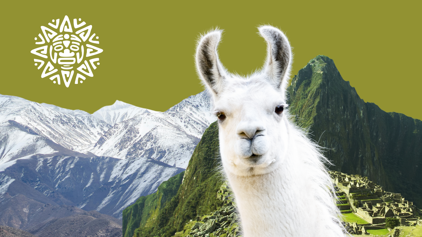 A llama in front of Machu Picchu with snow-capped mountains in the background and a green sky, featuring a white sun logo in the top left corner.