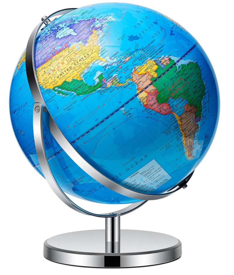 13-inch world globe on stainless steel stand