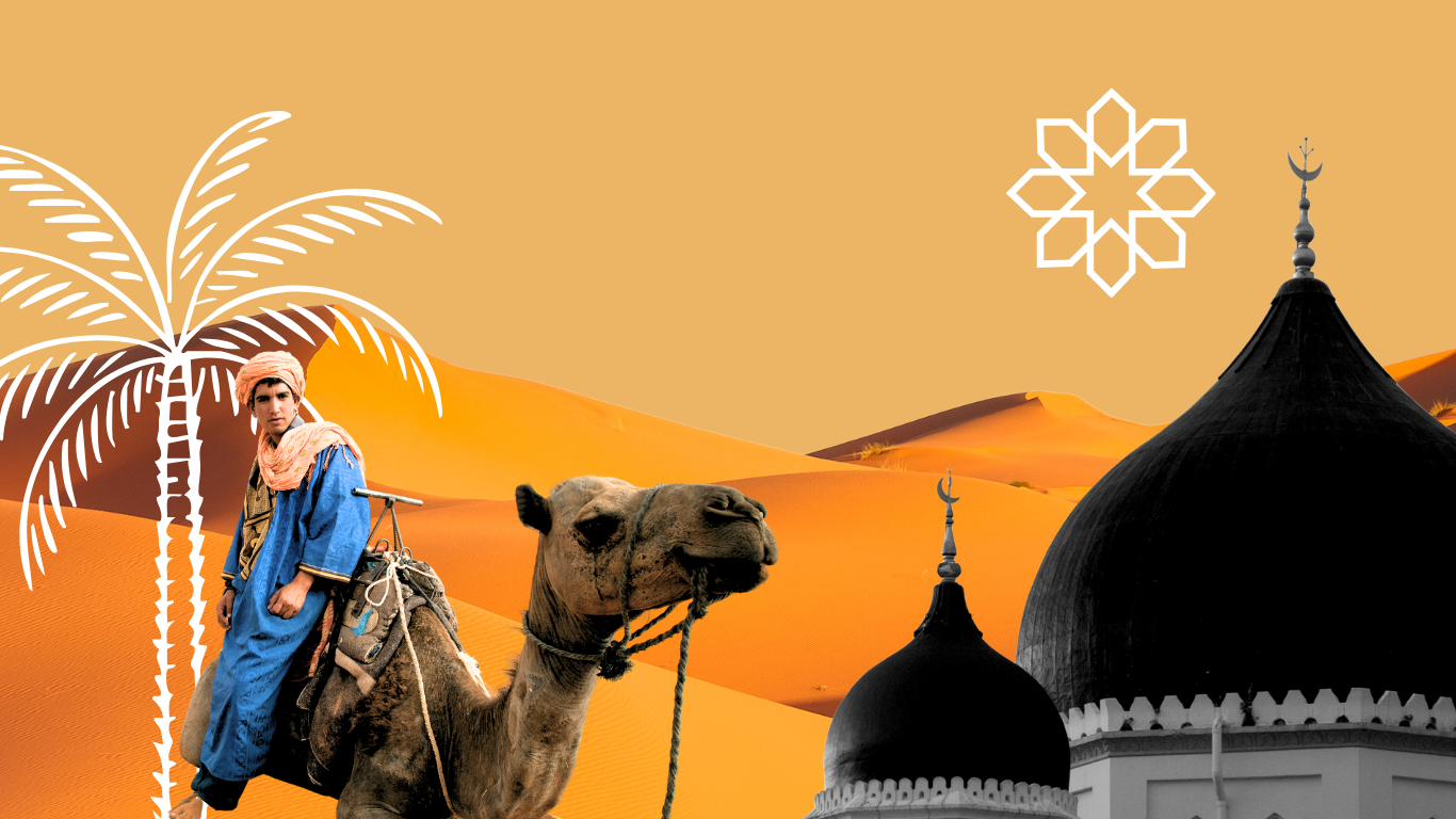 A desert scene with sand dunes, a man in traditional clothing riding a camel, black domed buildings with crescent moon finials, a stylized white palm tree, a white geometric snowflake design, and a large white star shape on a beige background.