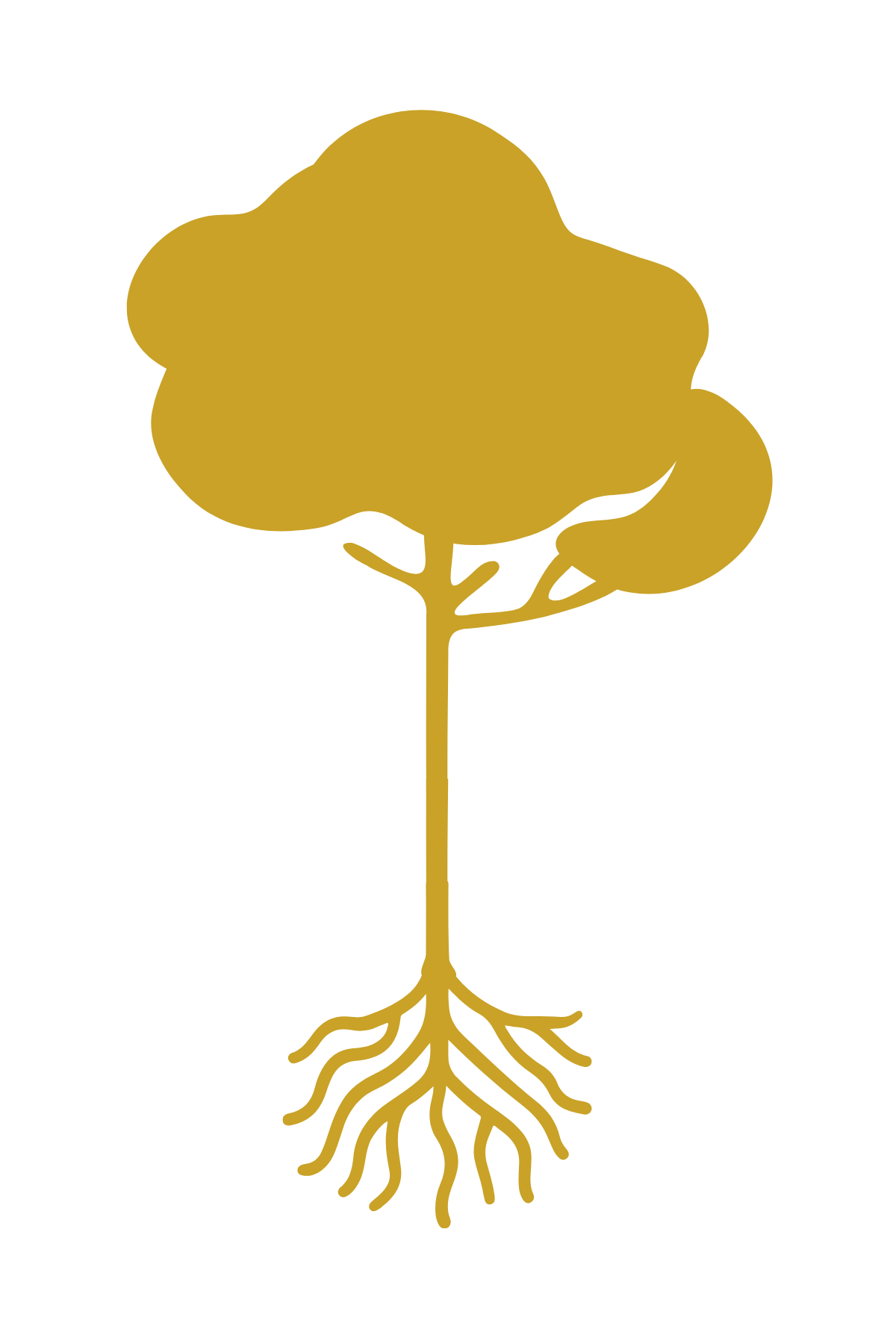 Stylized gold illustration of a tree with roots on a black background.