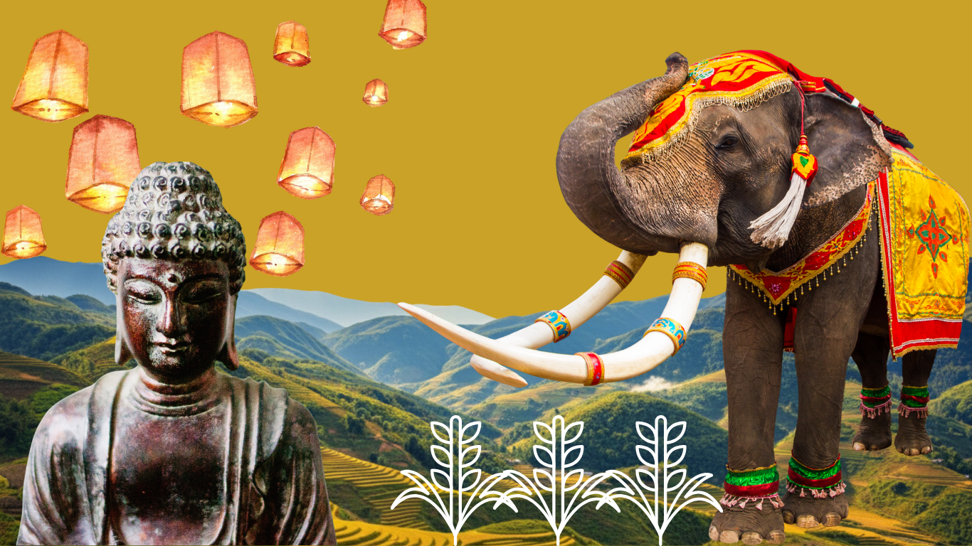 A digitally created scene featuring a Buddha statue, a decorated elephant, floating lanterns against a mountainous landscape with rice terraces, and a patterned gold background.