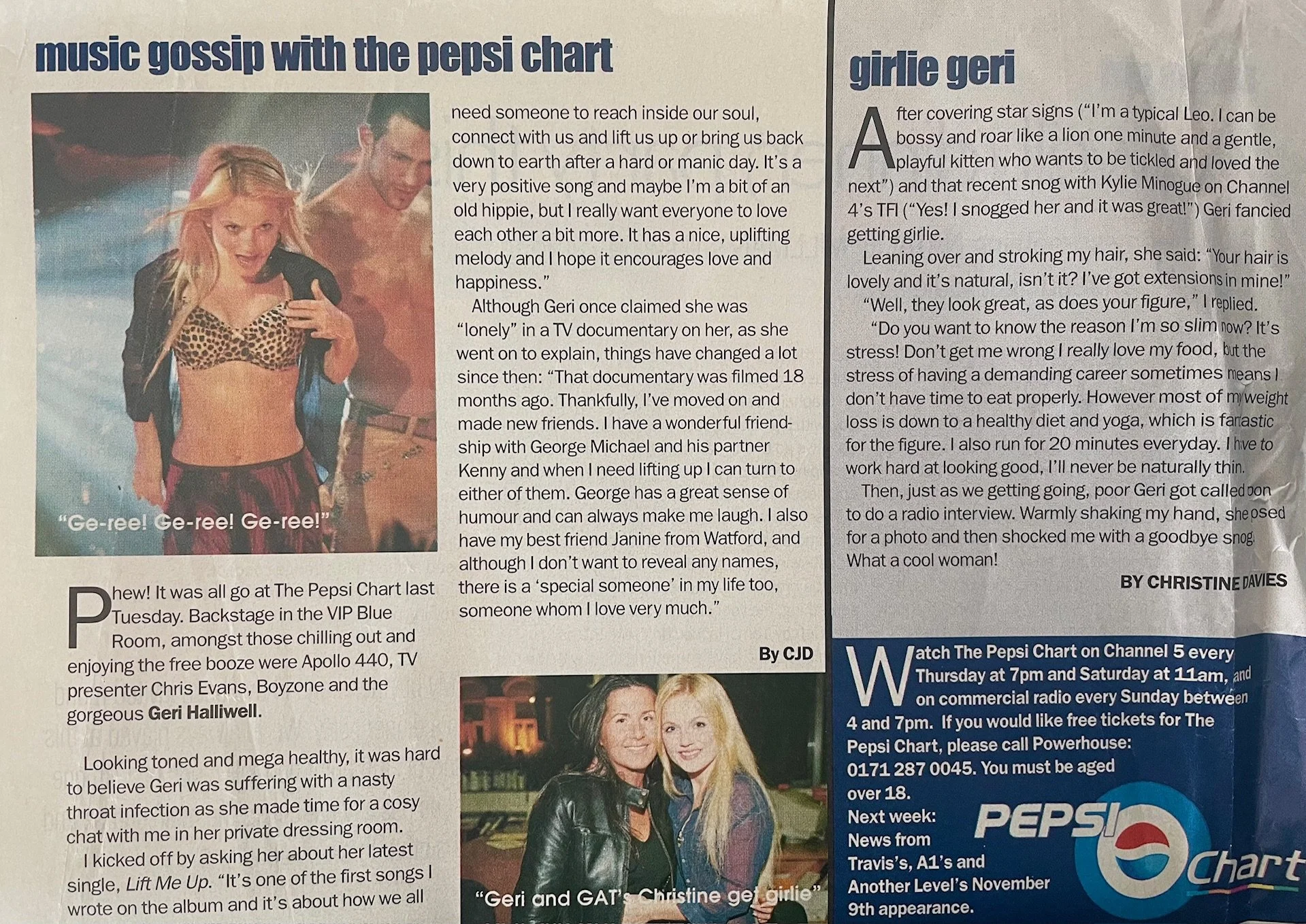 Mini interview with Geri Halliwell from The Spice Girls for my weekly Pepsi Chart music column in 'GAT' (Girl About Town) magazine - (print publication distributed throughout London, UK)