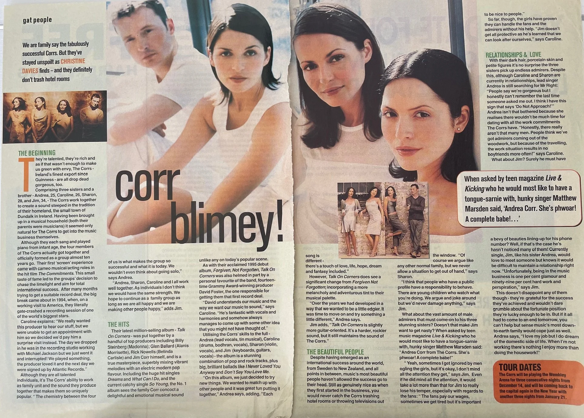 Interview cover feature with Platinum-selling and Grammy-nominated group, The Corrs, for 'GAT' magazine (print publication distributed across London, UK)