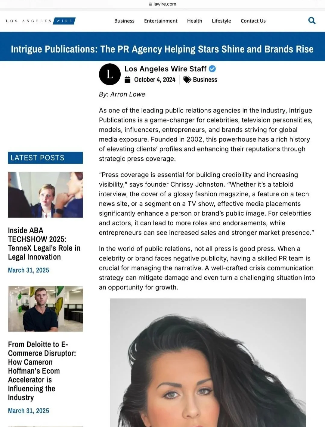 Feature in Los Angeles Wire (LAWire.com) profiling PR agent, Chrissy Johnston (2024). 

(Click image to read.)