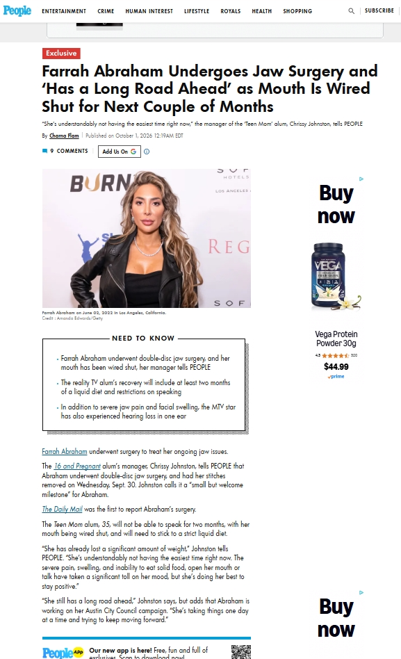 Chrissy Johnston was cited by People.com as the manager of reality TV star Farrah Abraham in editorial coverage relating to surgery Farrah underwent in 2026. (Click image to read.)