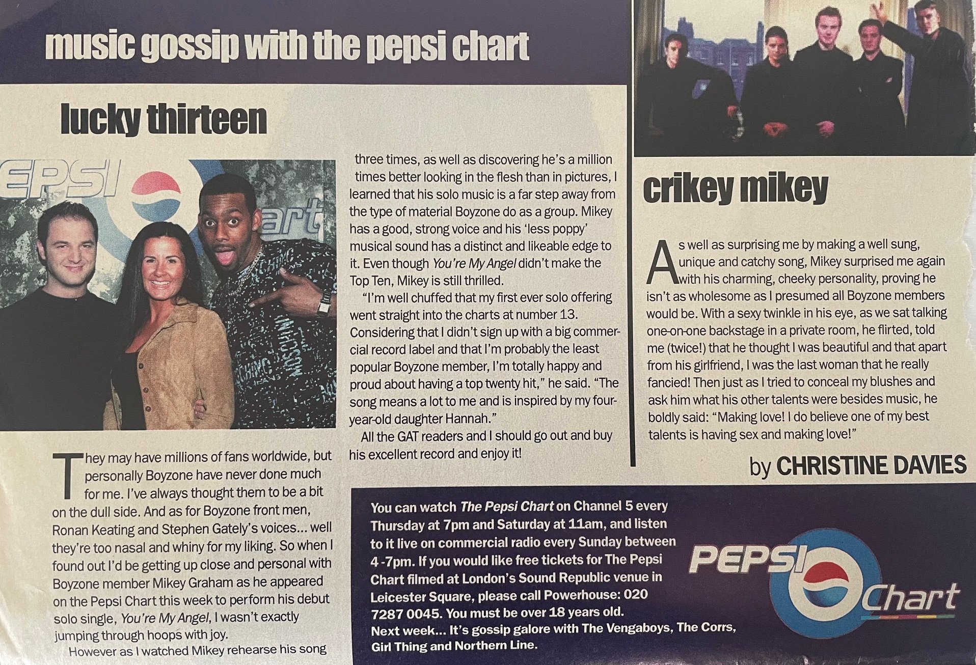 One of my weekly Pepsi Chart Music columns in 'GAT' (Girl About Town) magazine - (print publication distributed throughout London, UK)