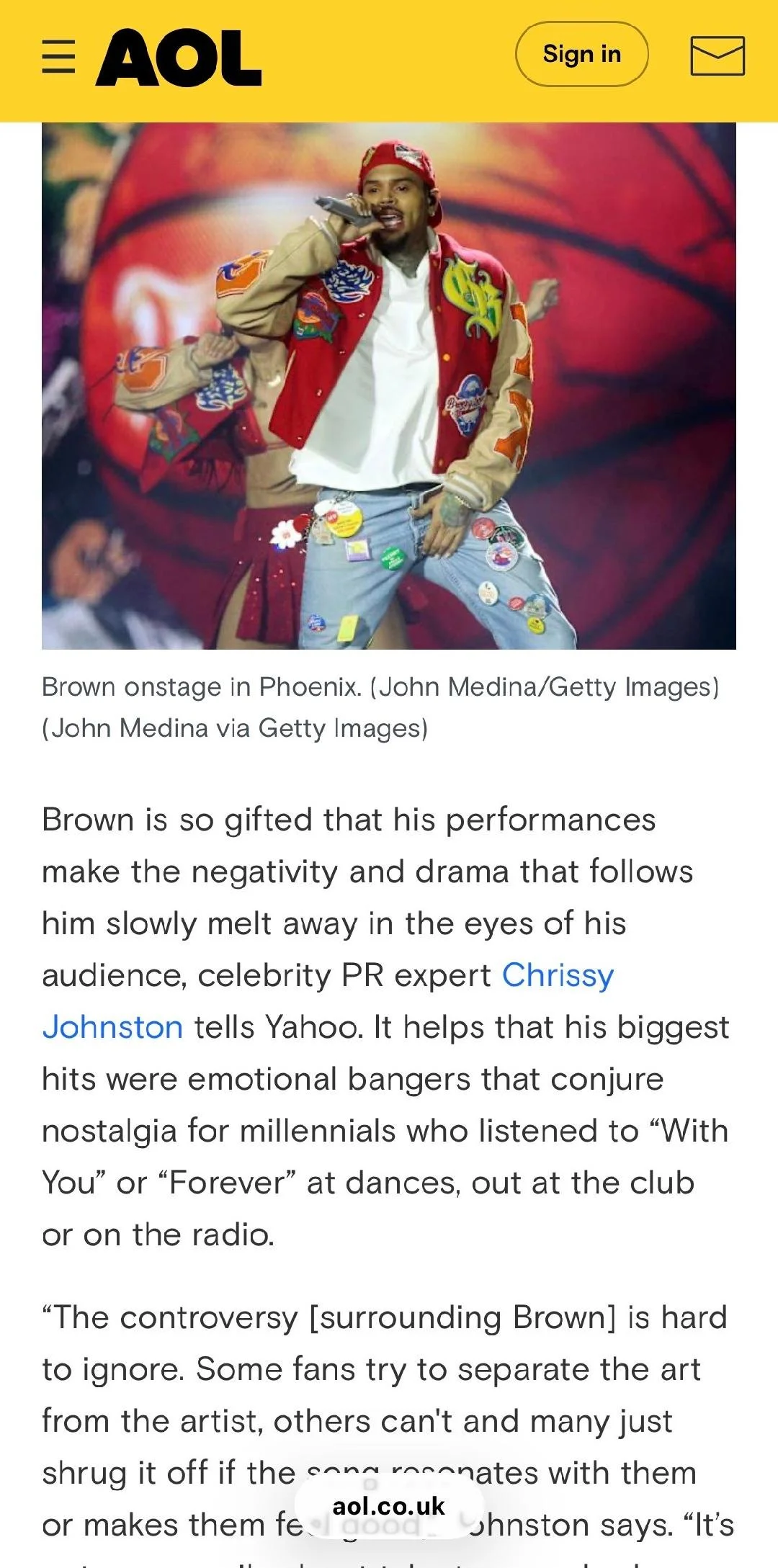 Chrissy Johnston was cited by AOL as a celebrity public relations expert in editorial coverage of singer Chris Brown (2025). (Click image to read.)