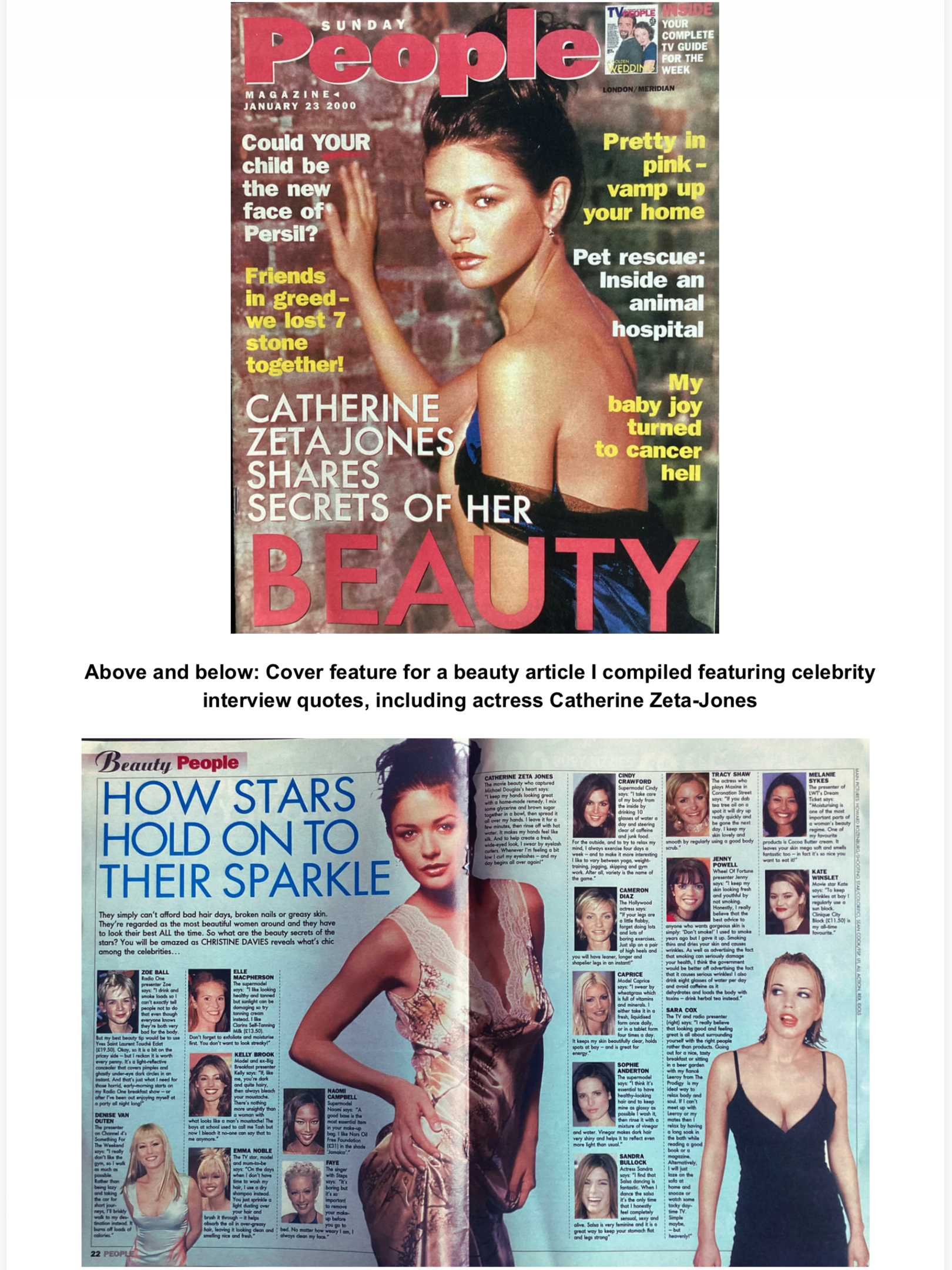 A celebrity cover article featuring Catherine Zeta Jones and other interviewees for the Sunday People newspaper's magazine supplement. (Print edition, with a weekly circulation of between 1.6M and 2 million copies)