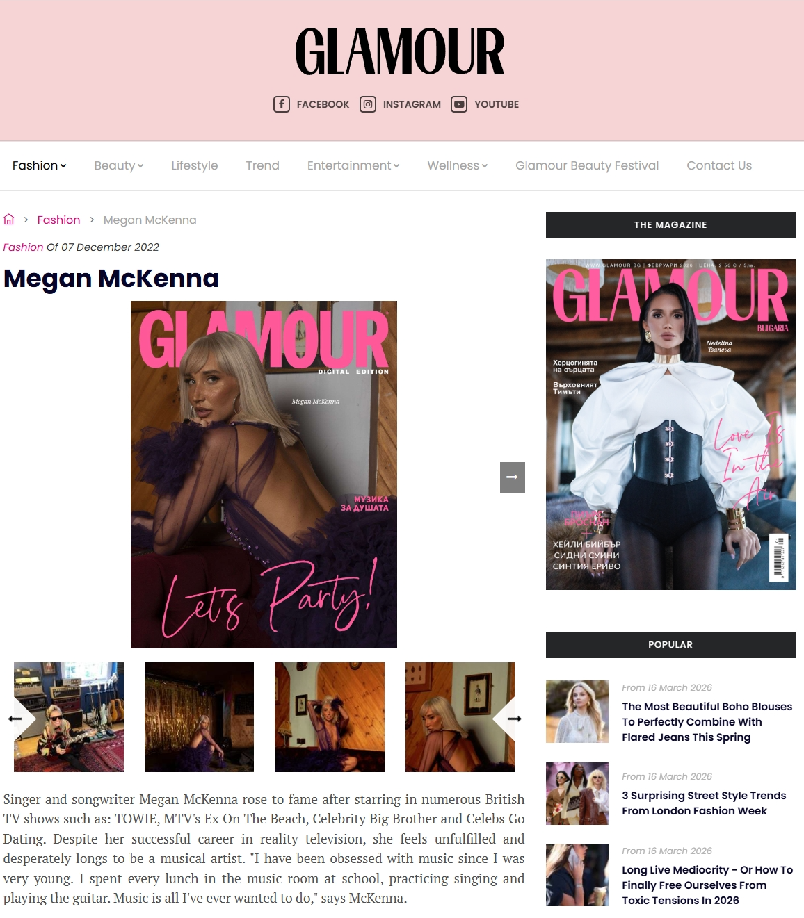 Glamour magazine digital cover interview with British singer and TV star, Megan McKenna, 2022.                                                 (Click to read)