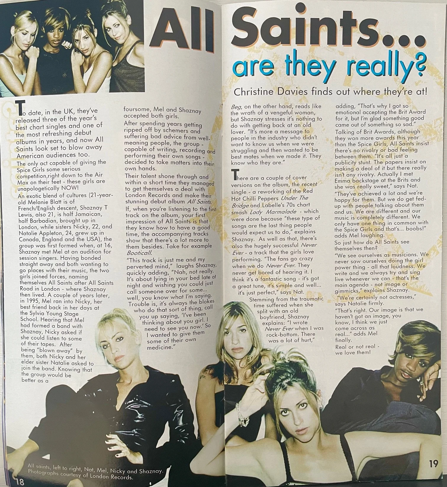 Interview with British girl group, All Saints, for EROS Nightclub magazine. (Monthly print publication distributed throughout Eros nightclubs in the UK)