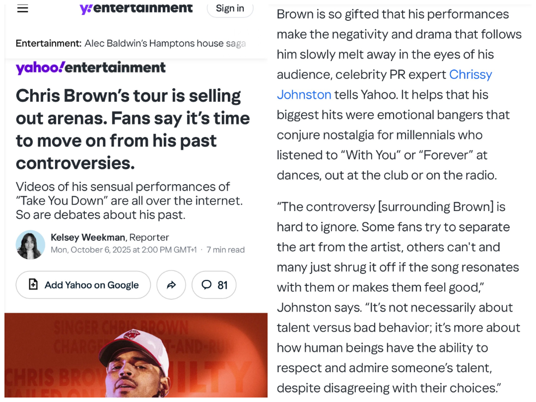 Chrissy Johnston was cited by Yahoo News as a celebrity public relations expert in editorial coverage of singer Chris Brown (2025). 
(Click image to read.)