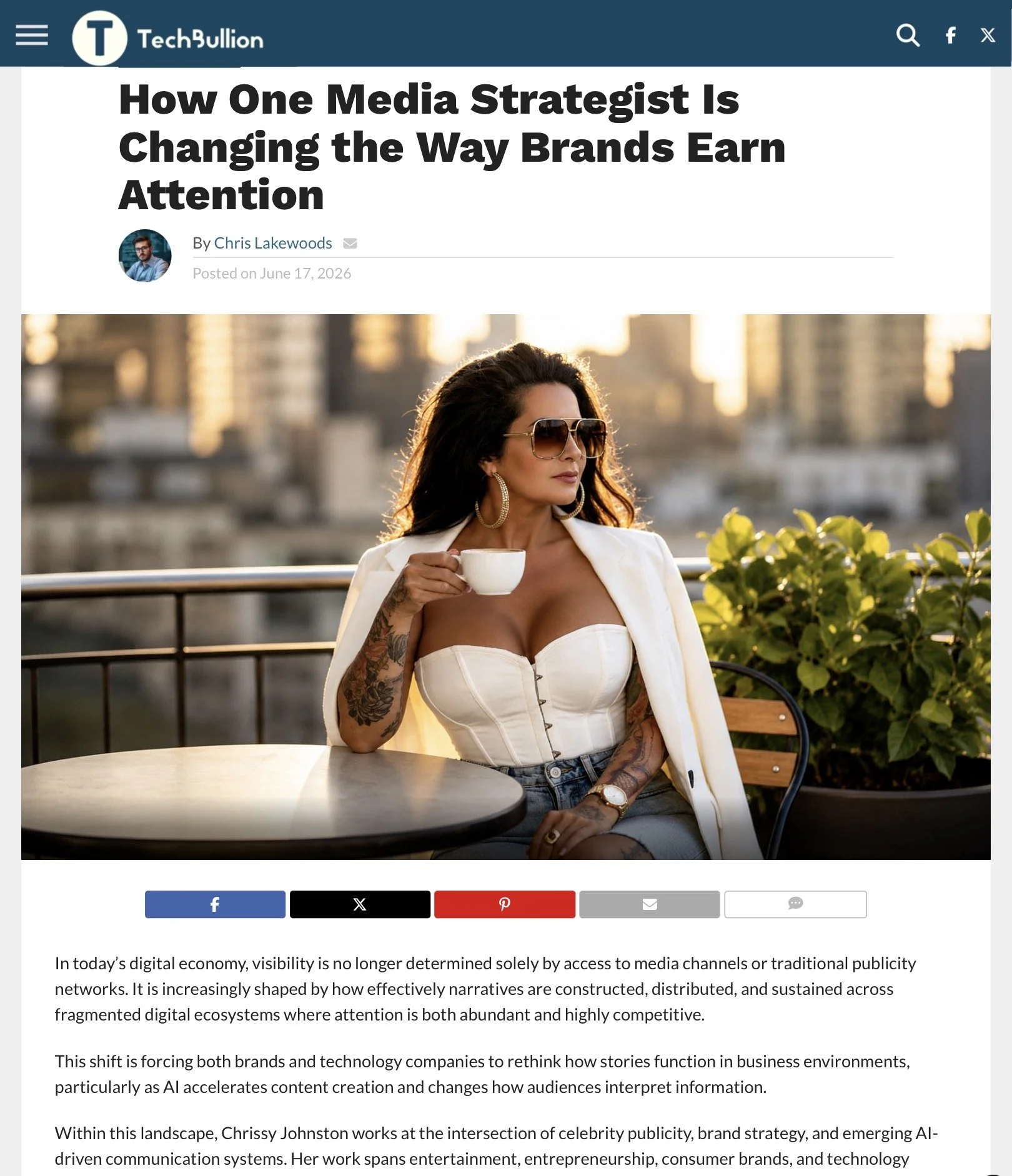 Editorial feature on Tech Bullion website about Chrissy Johnston’s media career and expertise, 2026.
(Click to read)