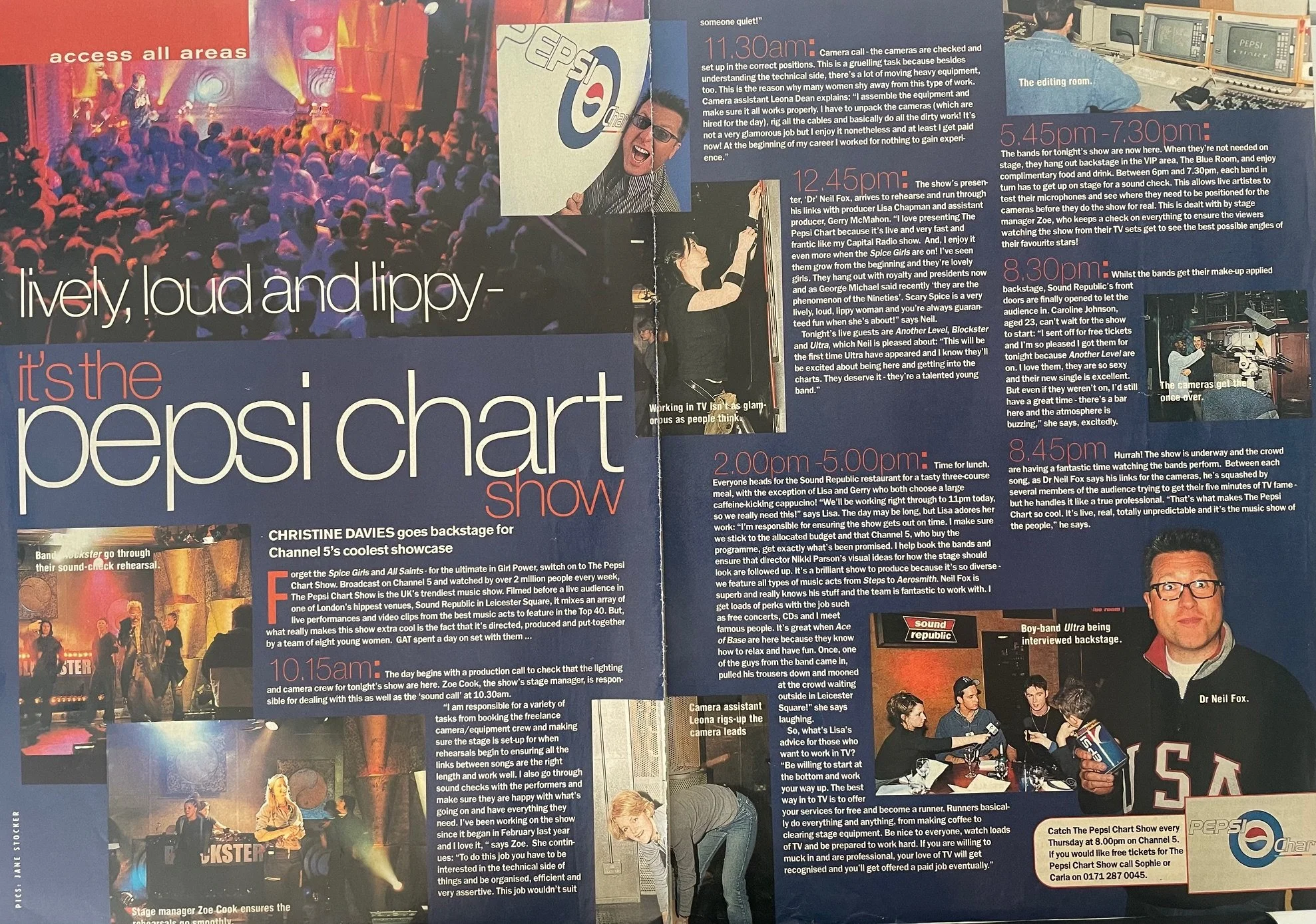 Behind-the-scenes article at TV show, The Pepsi Chart Show, for 'GAT' (Girl About Town) magazine. Print publication circulated throughout London, UK.