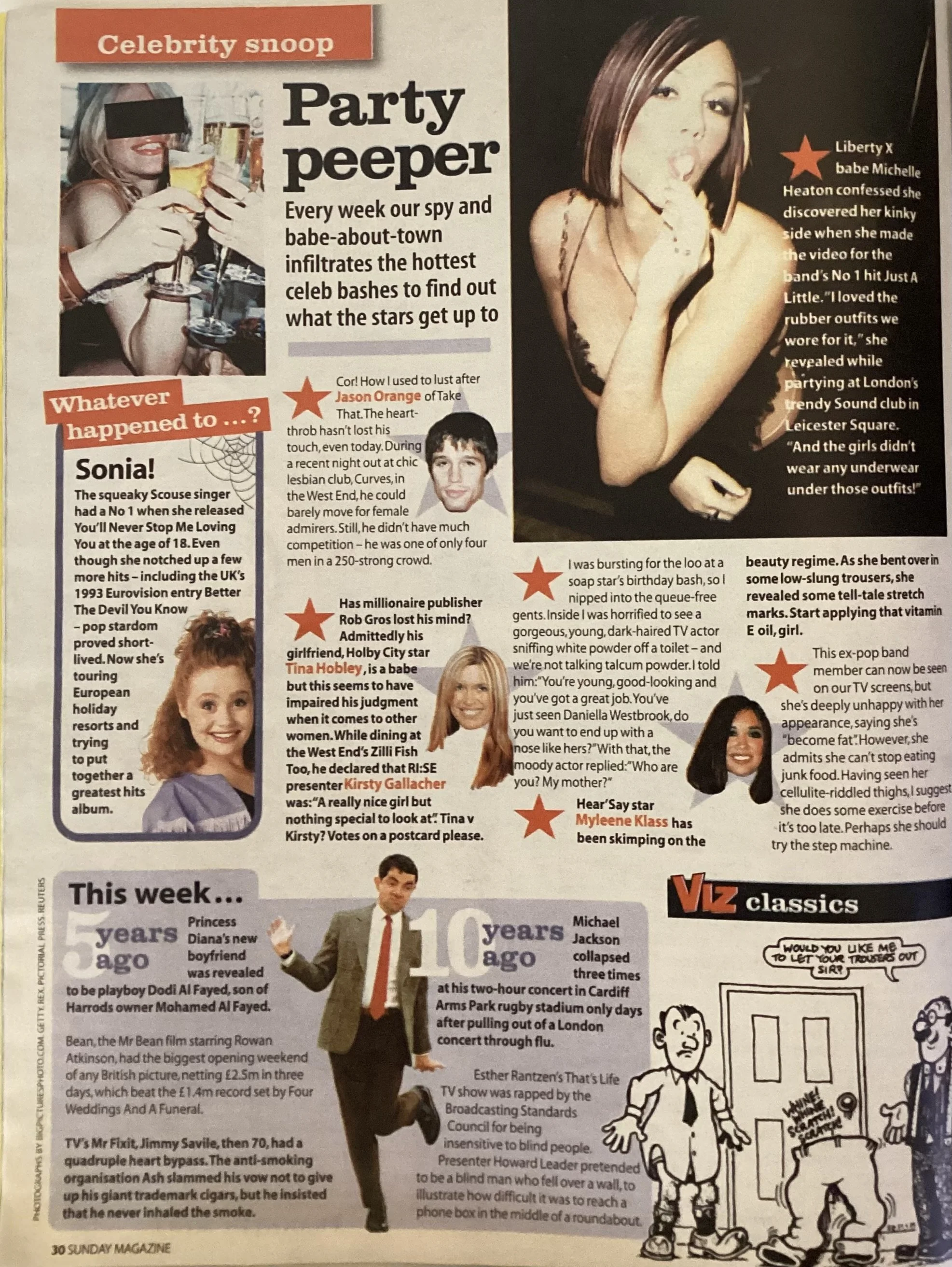 One of my weekly gossip columns for the New of The World's magazine supplement, 'Sunday' - (Print edition: weekly circulation of around 4.65 million copies. News of the World was the UK's top-selling tabloid at the time).