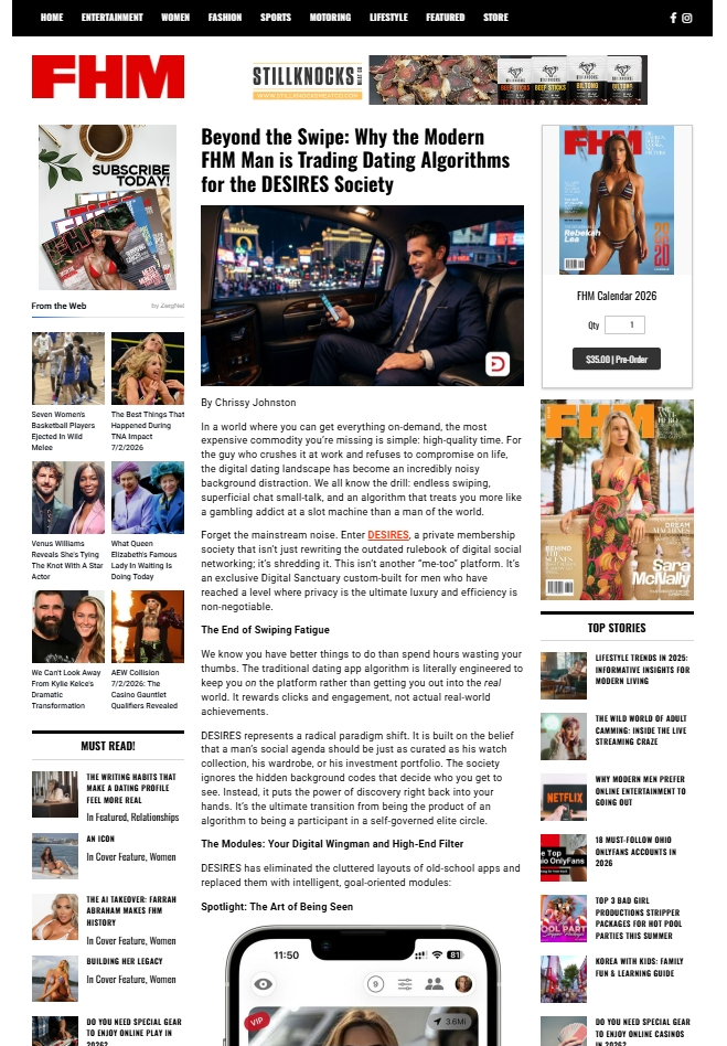 FHM feature about romance and Desiree dating app, 2026