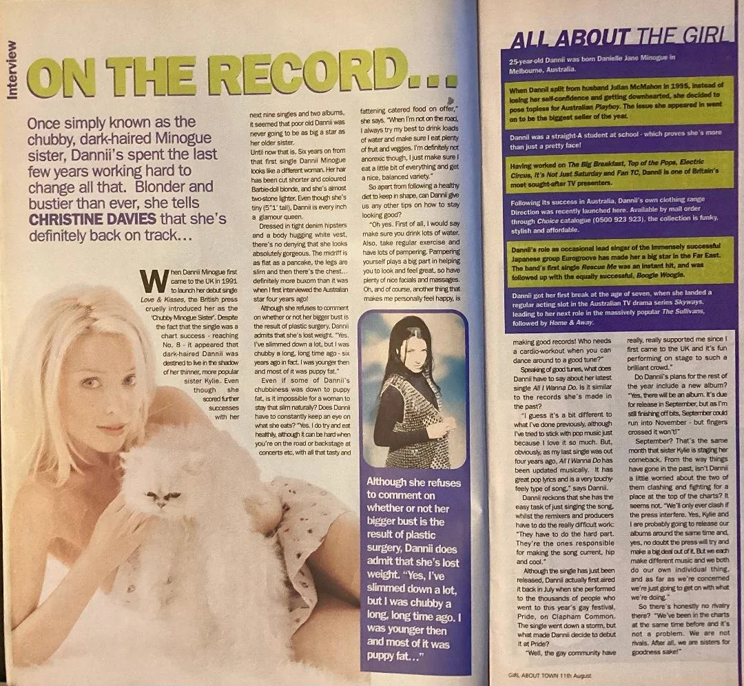 Interview with singer/TV personality Dannii Minogue for 'GAT' (weekly print magazine distributed throughout London, UK)