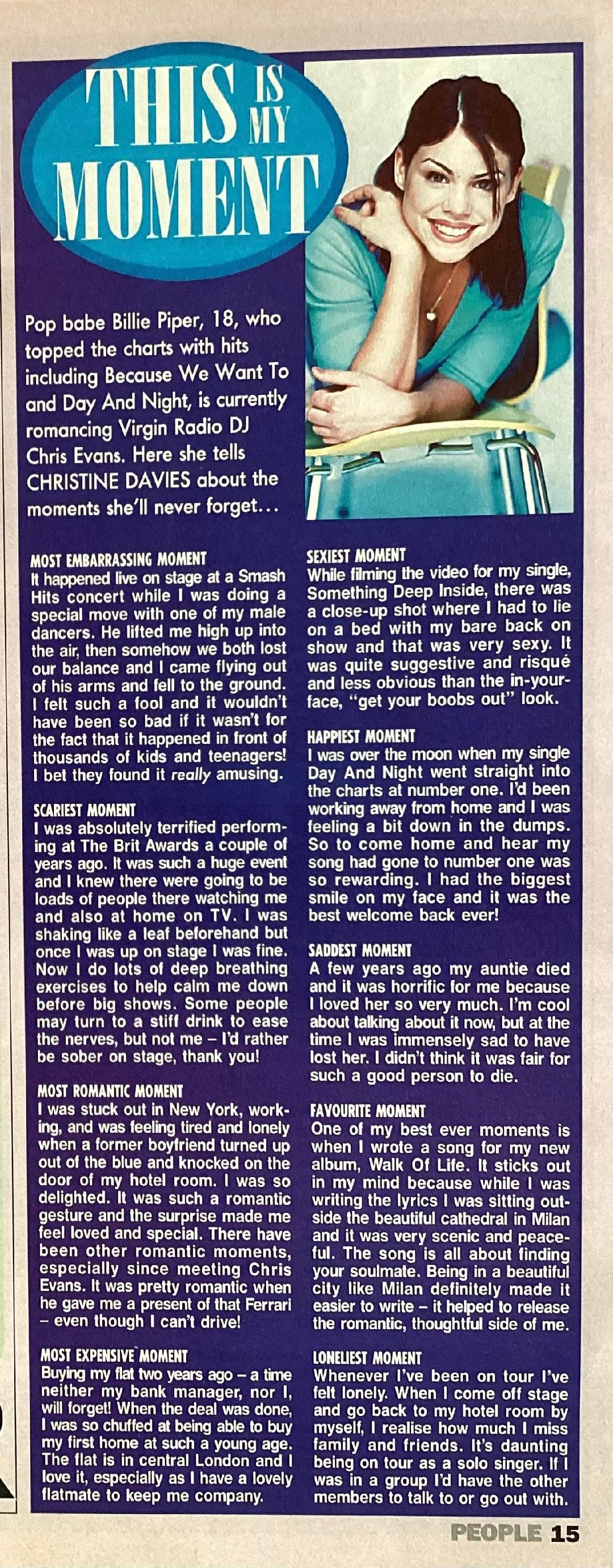 Interview with actress Billie Piper for The Sunday People magazine
