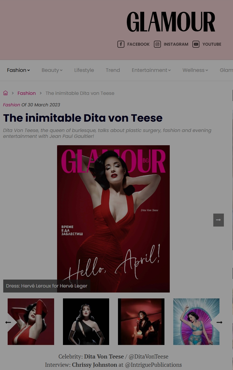 Glamour magazine cover interview with burlesque performer/TV star Dita Von Teese - digital edition, 2023. 
(Click to read)
