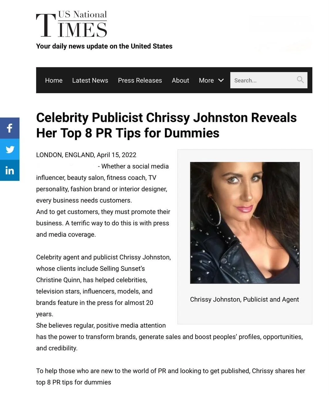 Chrissy Johnston was featured in US National Times as a public relations expert, sharing industry insights and professional expertise (2022).