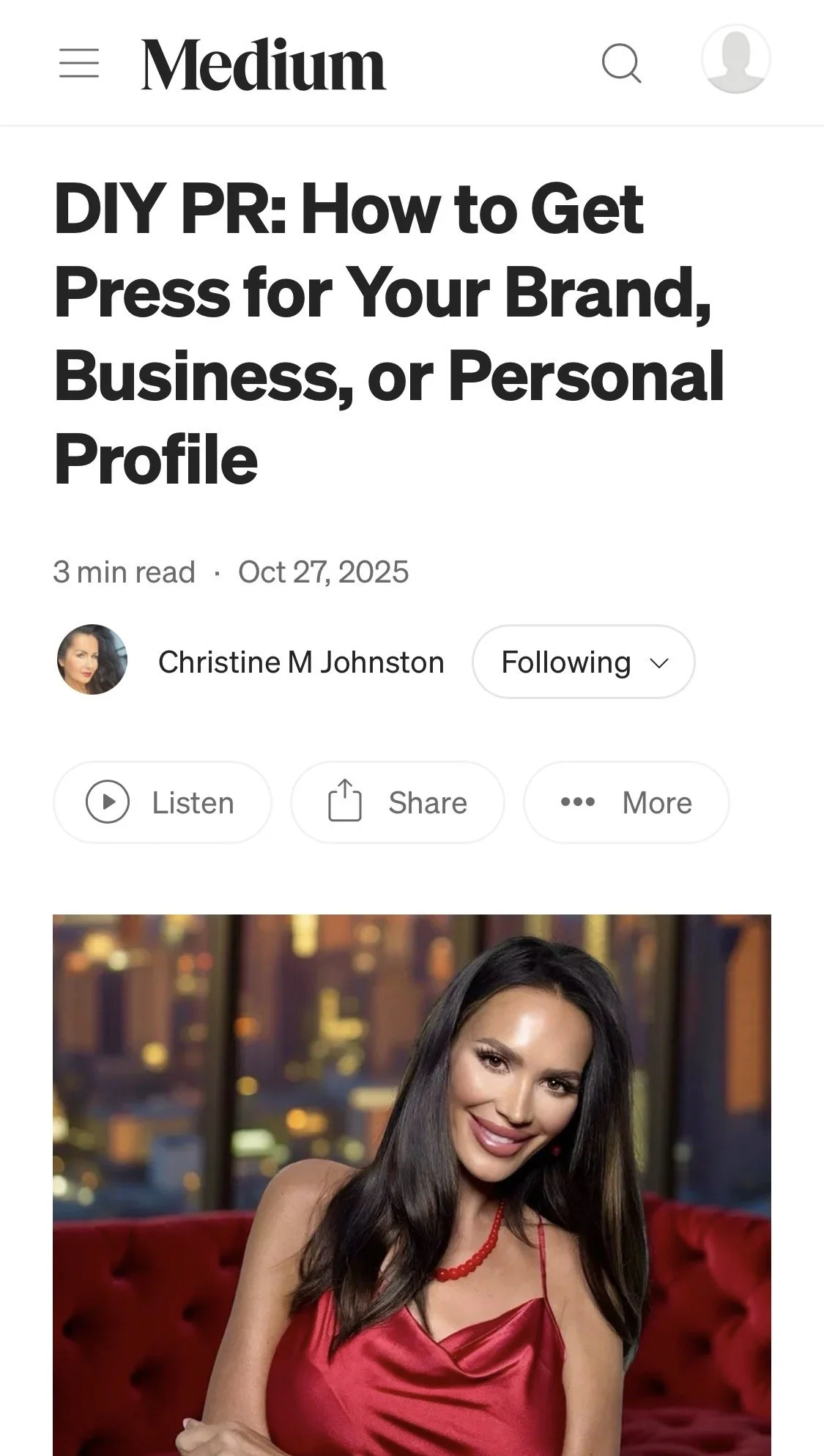 Feature on TV host/model Lucy Clarkson for Medium.com, 2025. (Click image to read)