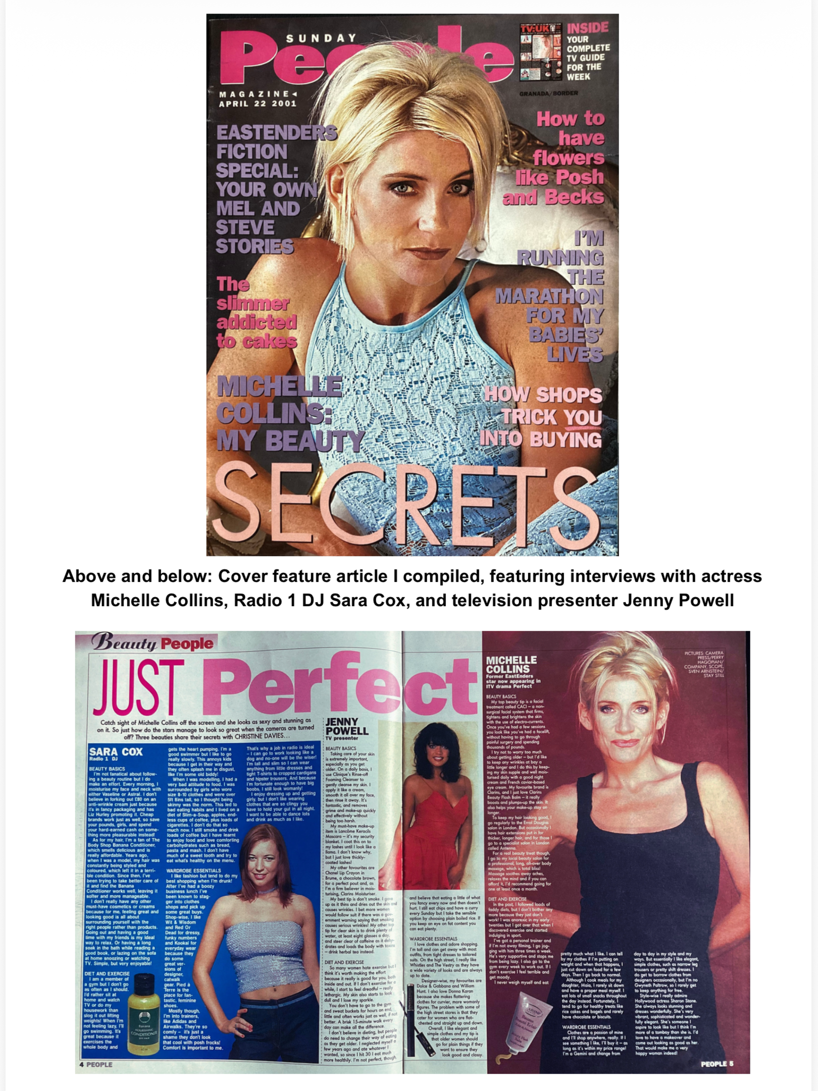 A celebrity interview feature with actress Michelle Collins, DJ Sara Cox and TV presenter Jenny Powell for the Sunday People newspaper's magazine supplement. (Print edition, with a weekly circulation of between 1.6M and 2 million copies)