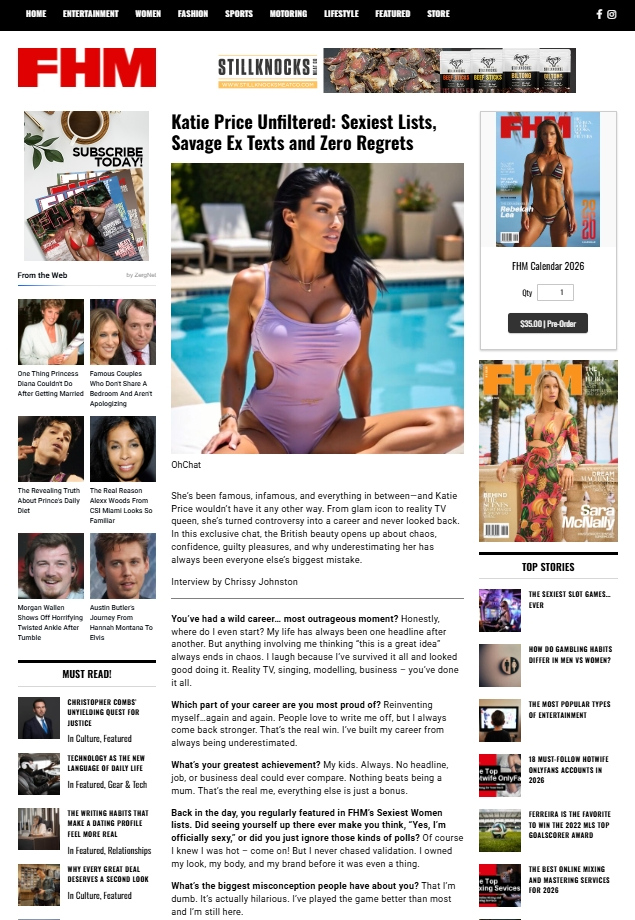 FHM magazine interview with British reality star Katie Price, 2026 (Click to read)
