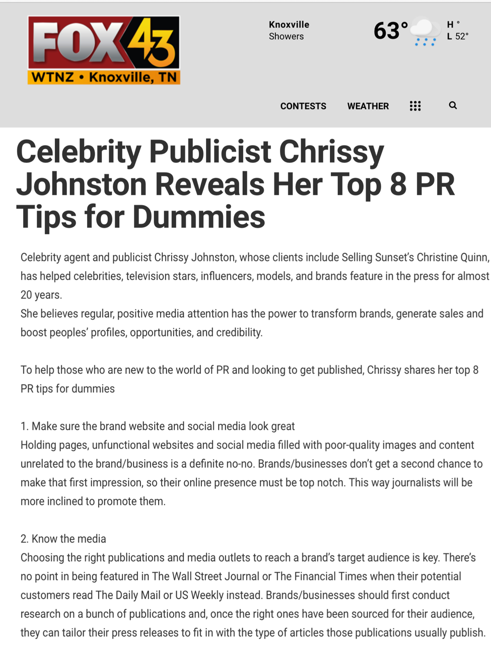 Chrissy Johnston was featured on FOX 43 as a public relations expert, providing industry insights and professional commentary (2022)