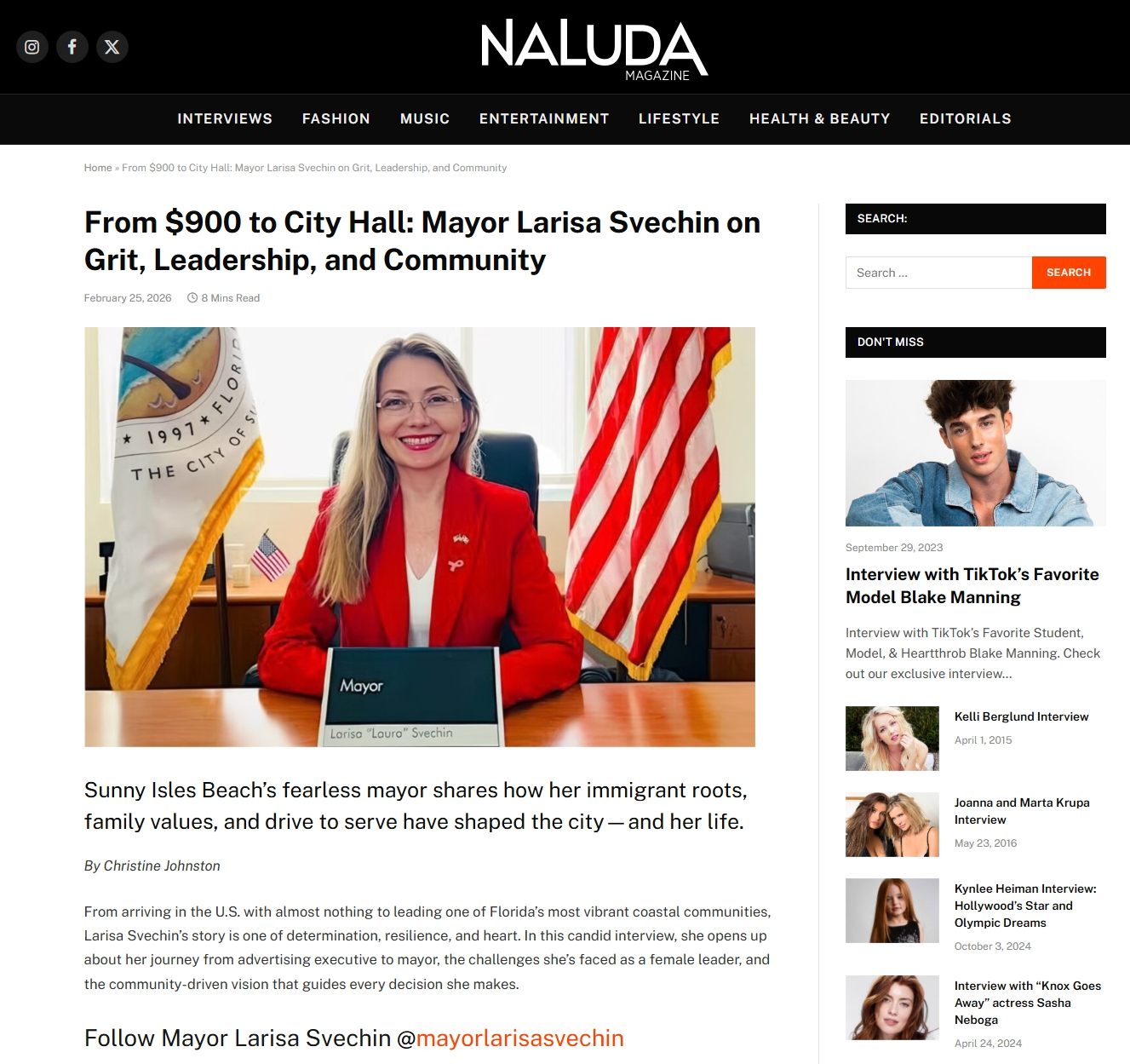 Interview with Mayor Larissa Svechin for Naluda magazine, USA - 2026. (Click image to read)