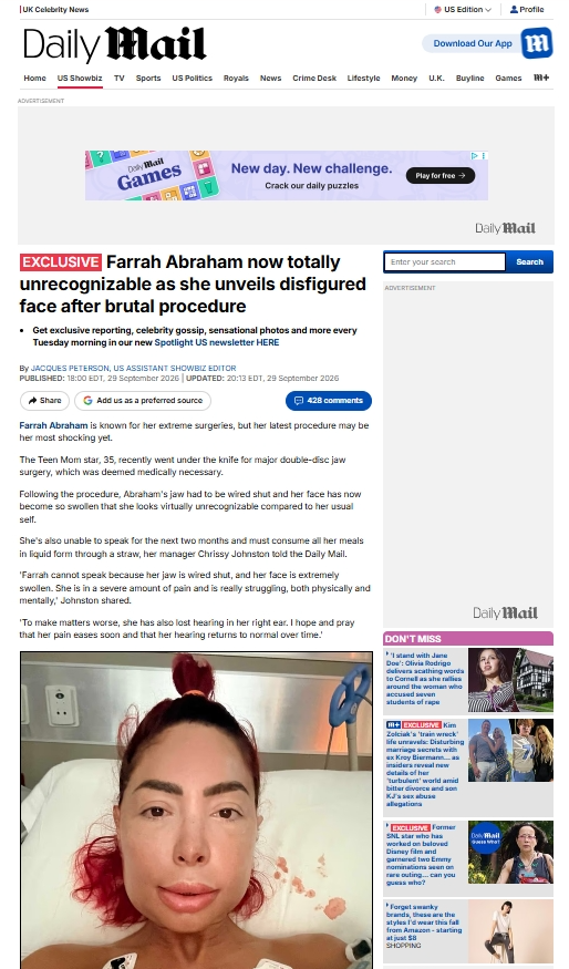 Chrissy Johnston was quoted on the Daily Mail website talking about her celebrity client Farrah Abraham in September 2026. (Click image to read.)
