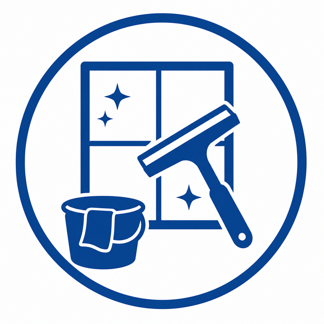 Cleaning supplies icon including window squeegee, scrub brush, and cleaning bucket.